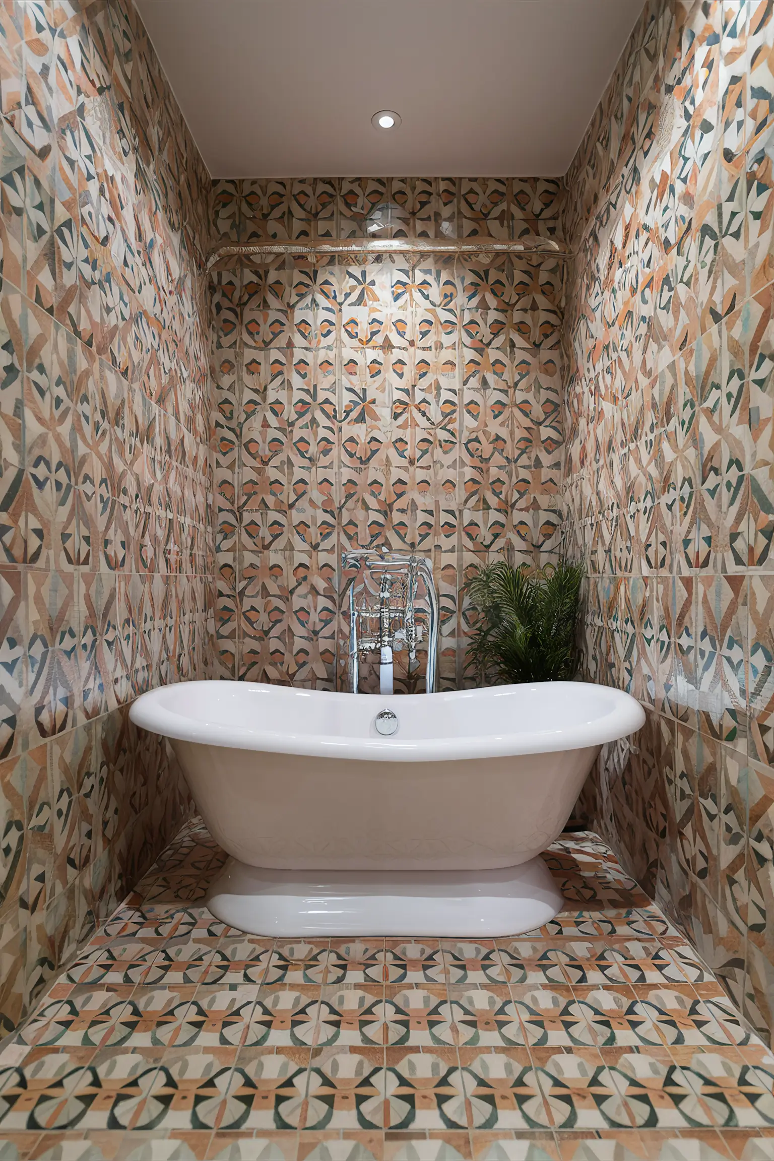 Small luxury bathroom with trendy, intricate tile designs in geometric patterns.