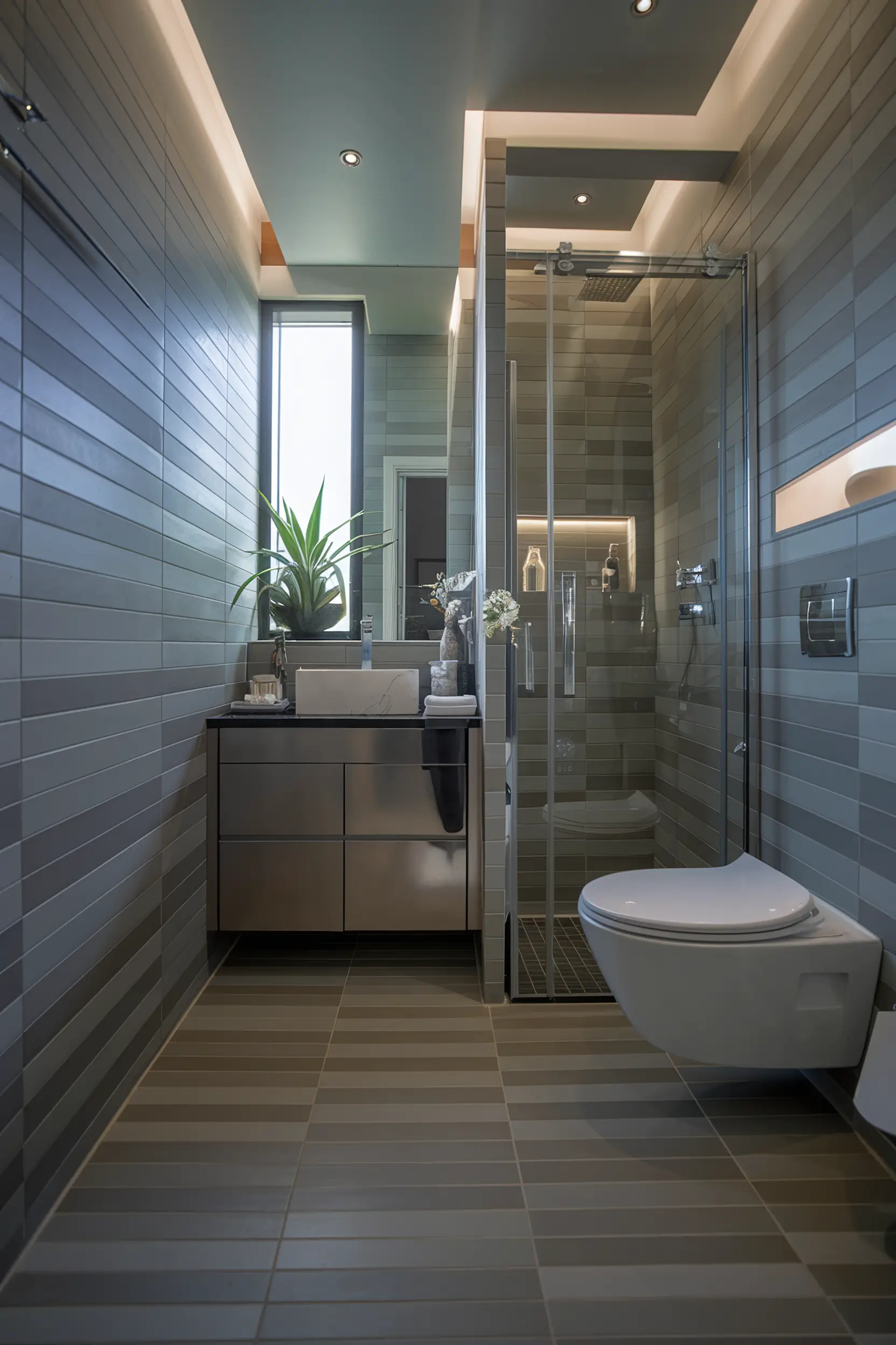 Chic small luxury bathroom with varying shades of grey, sleek tiles, and modern fixtures.