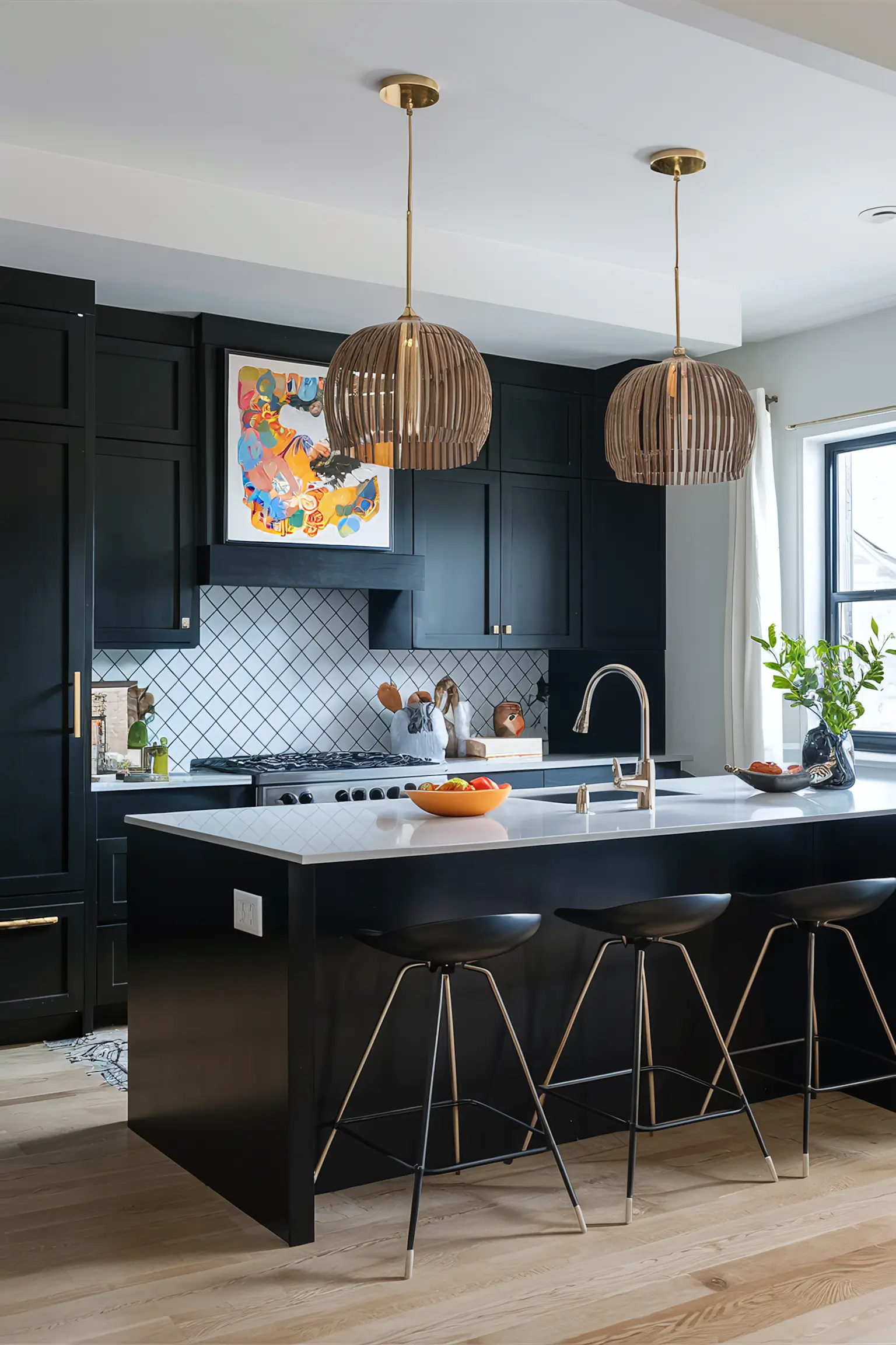Black kitchen with bold artwork, chic accessories, and stylish lighting fixtures.