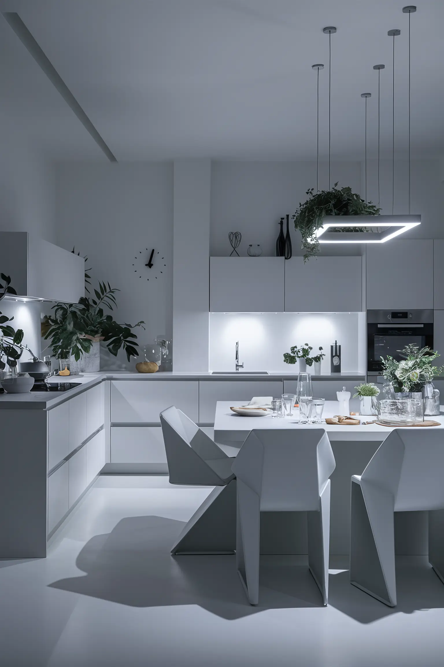 Minimalistic white kitchen with stylish decor, plants, and modern lighting.