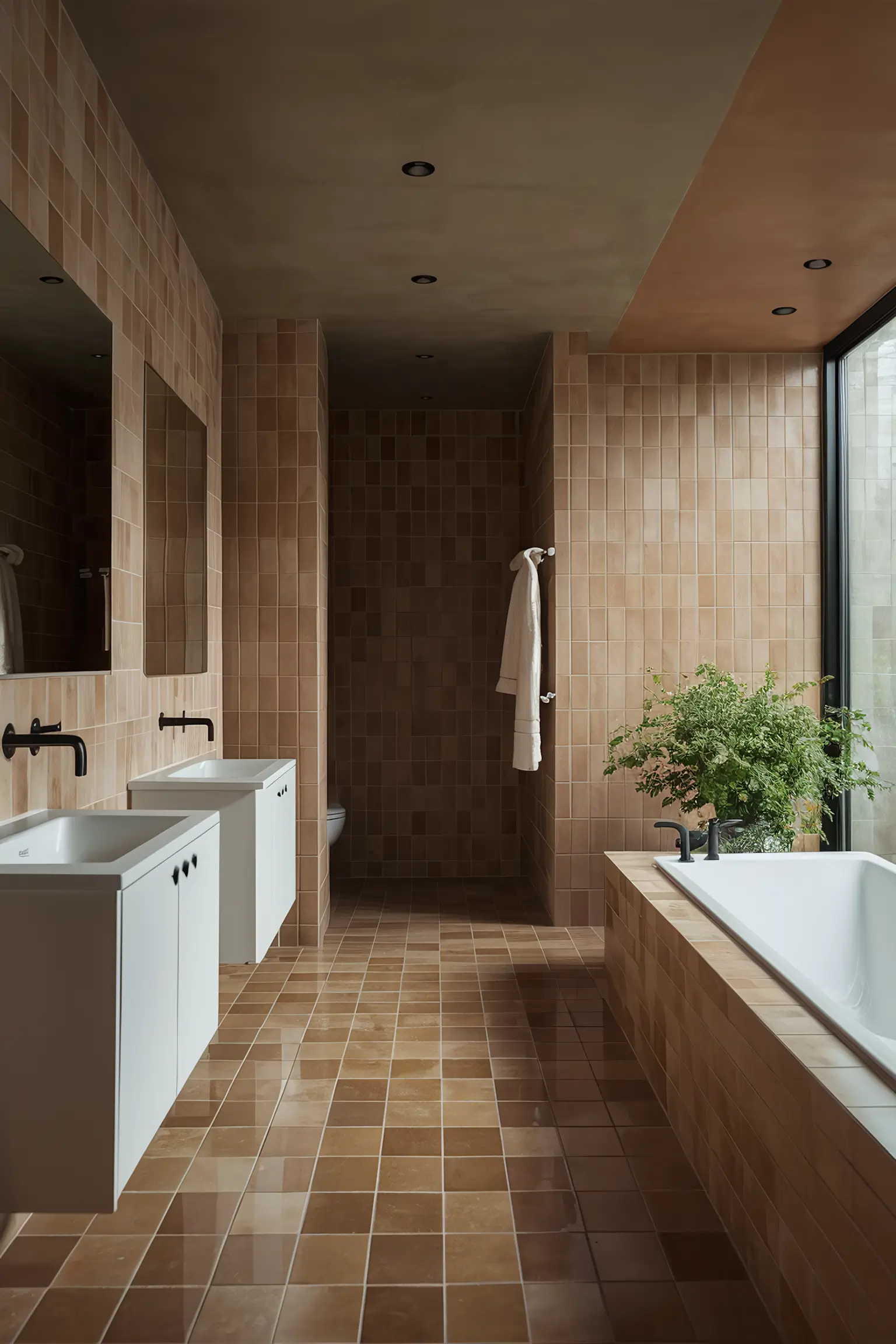 Bathroom with tan tiles and complementary earthy paint colors.