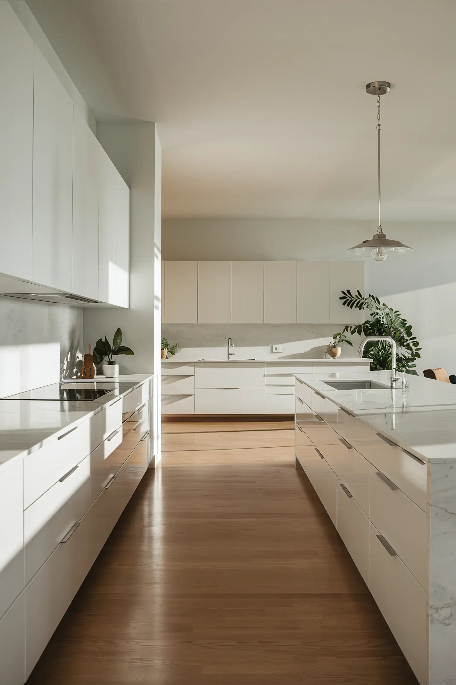 Minimalistic white kitchen with timeless white cabinets and sleek handles.