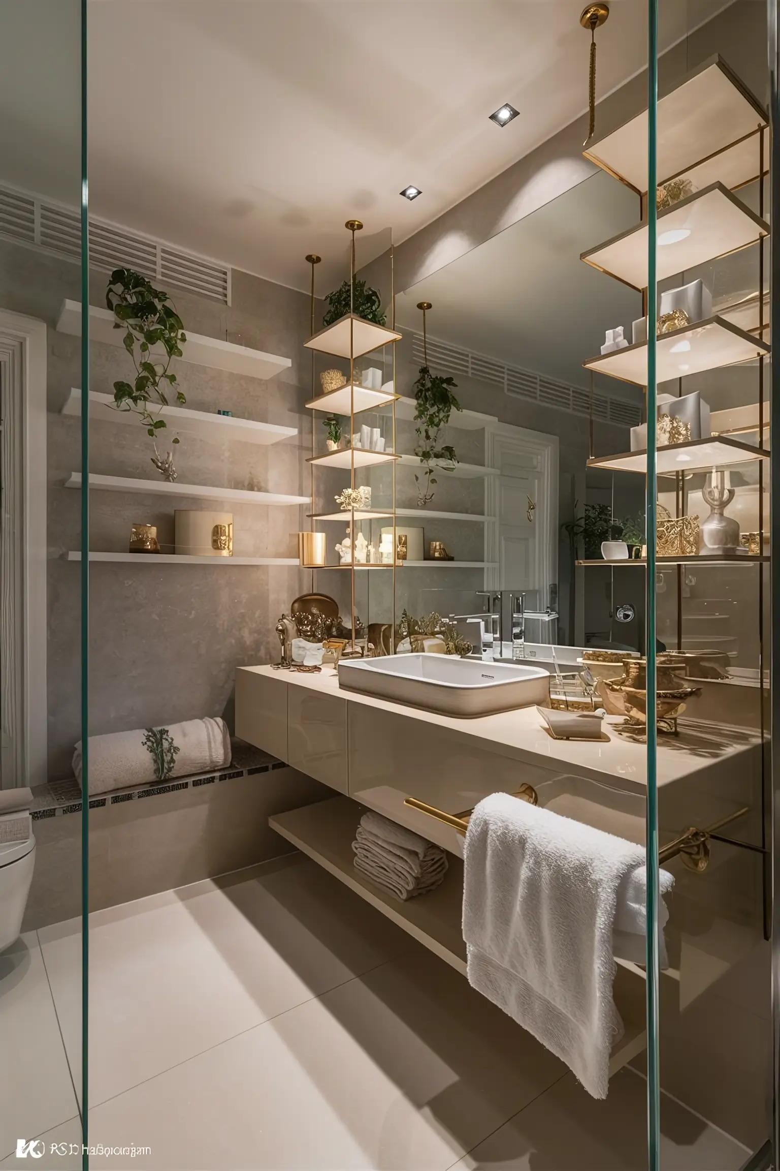 Small bathroom with floating shelves and a mix of zen and luxury decor.