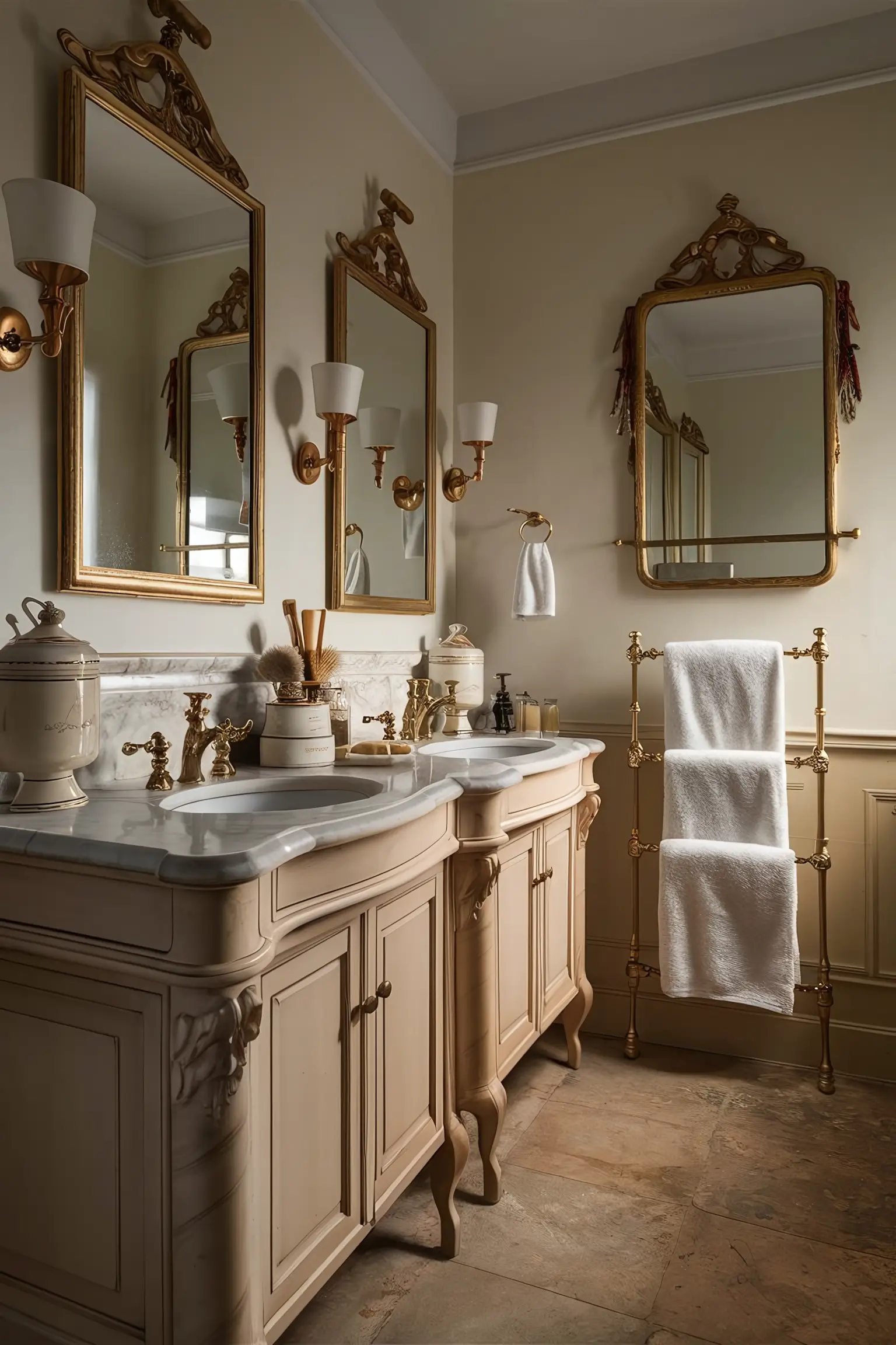 Traditional bathroom with decor accessories, including vintage mirrors, elegant towel racks, and decorative jars.