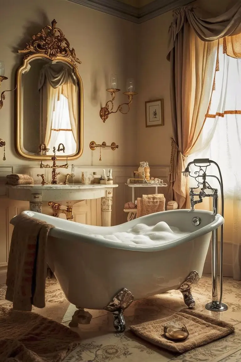Traditional bathroom with elegant decor, featuring a clawfoot tub, ornate mirror, and vintage fixtures.
