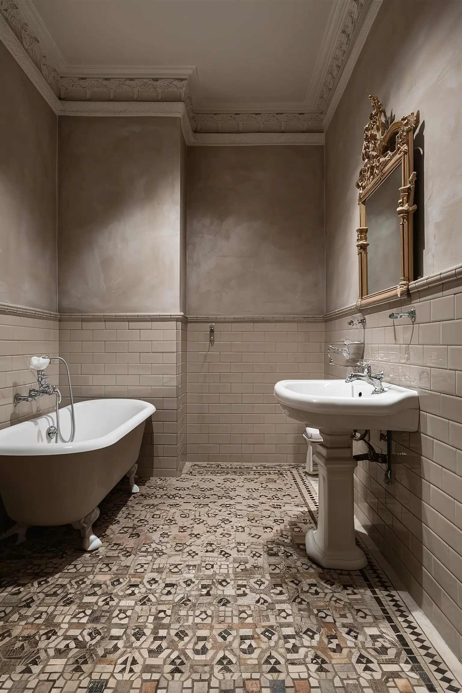 Traditional bathroom featuring classic tile designs with subway tiles on the walls and intricate mosaic patterns on the floor.