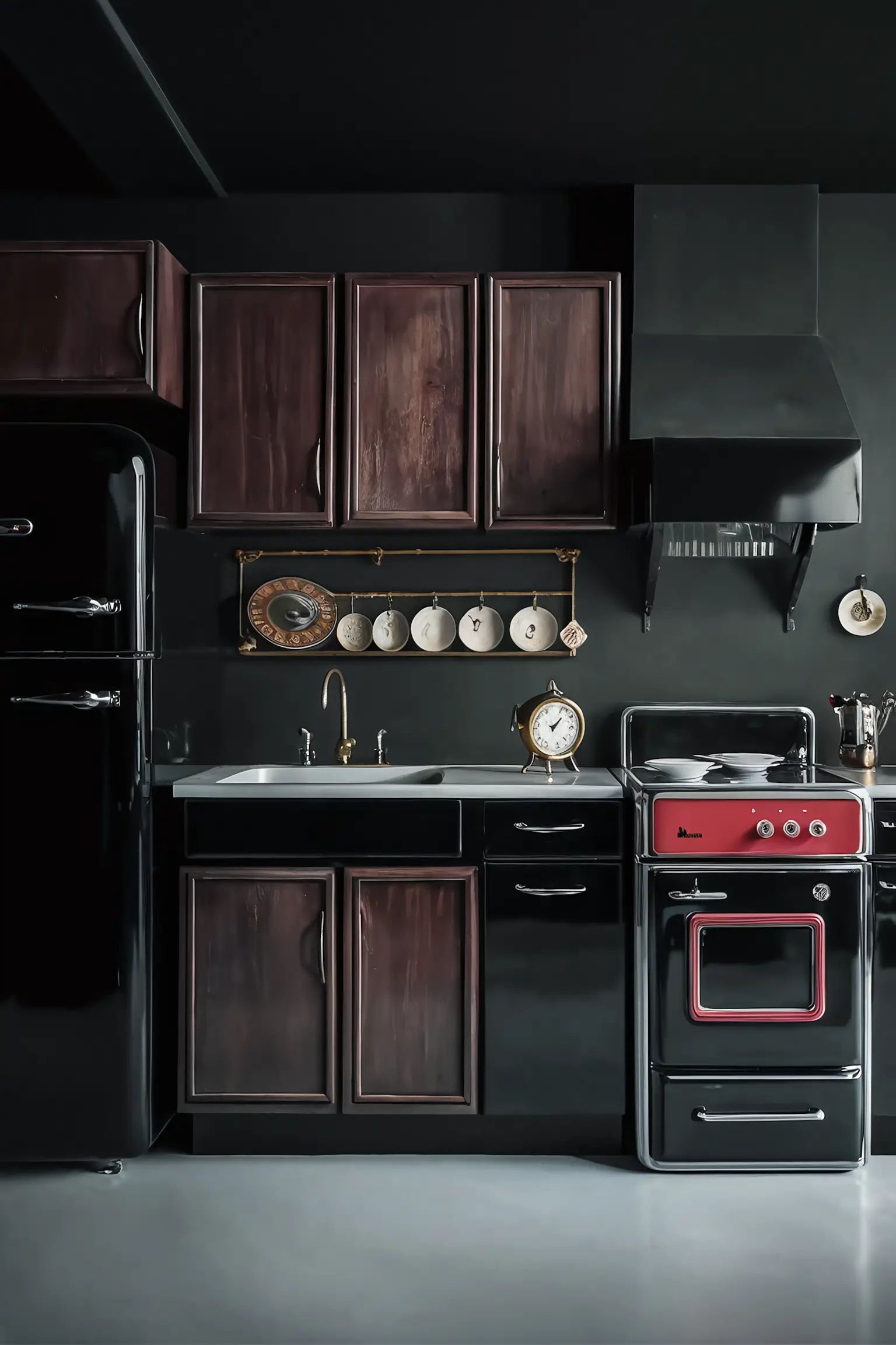 Vintage black kitchen with retro appliances and classic cabinetry.