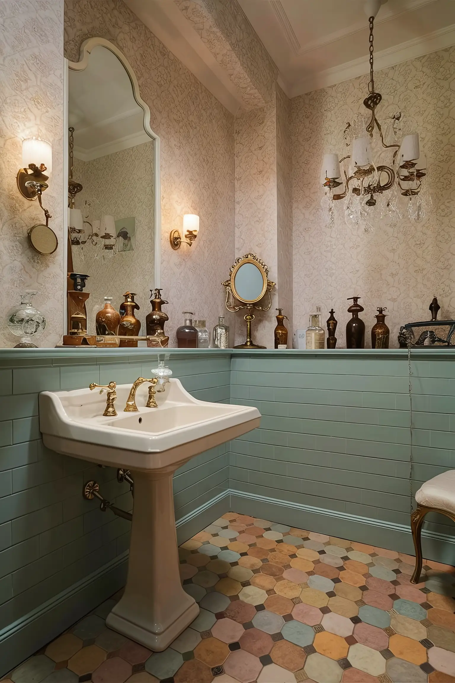 Traditional bathroom with vintage inspired decor, including antique accessories, a pedestal sink, and patterned wallpaper.