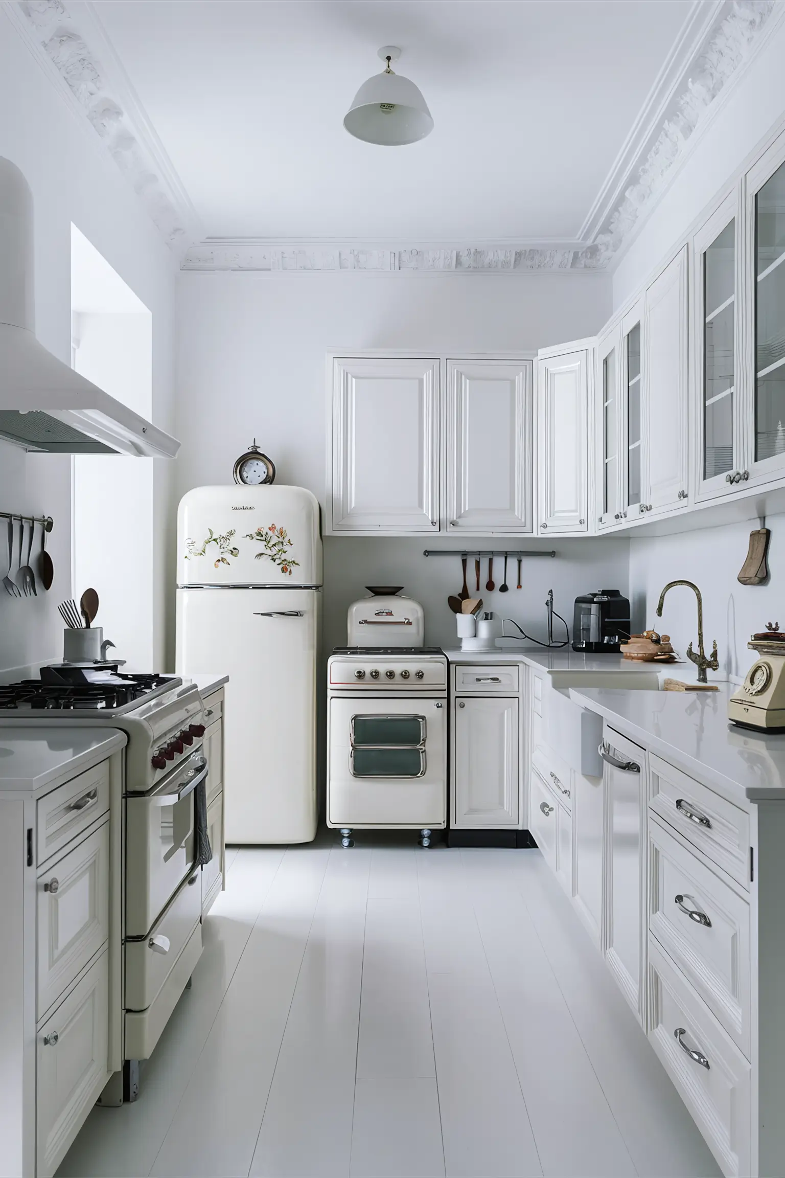 Minimalistic white kitchen with vintage charm and retro appliances.