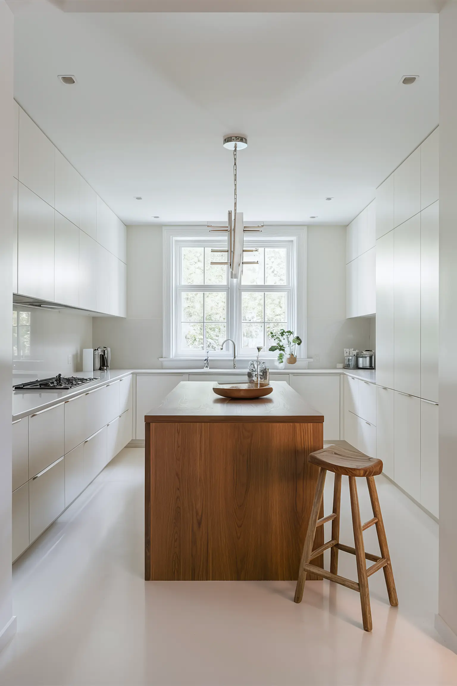 Minimalistic white kitchen with a warm oak island.