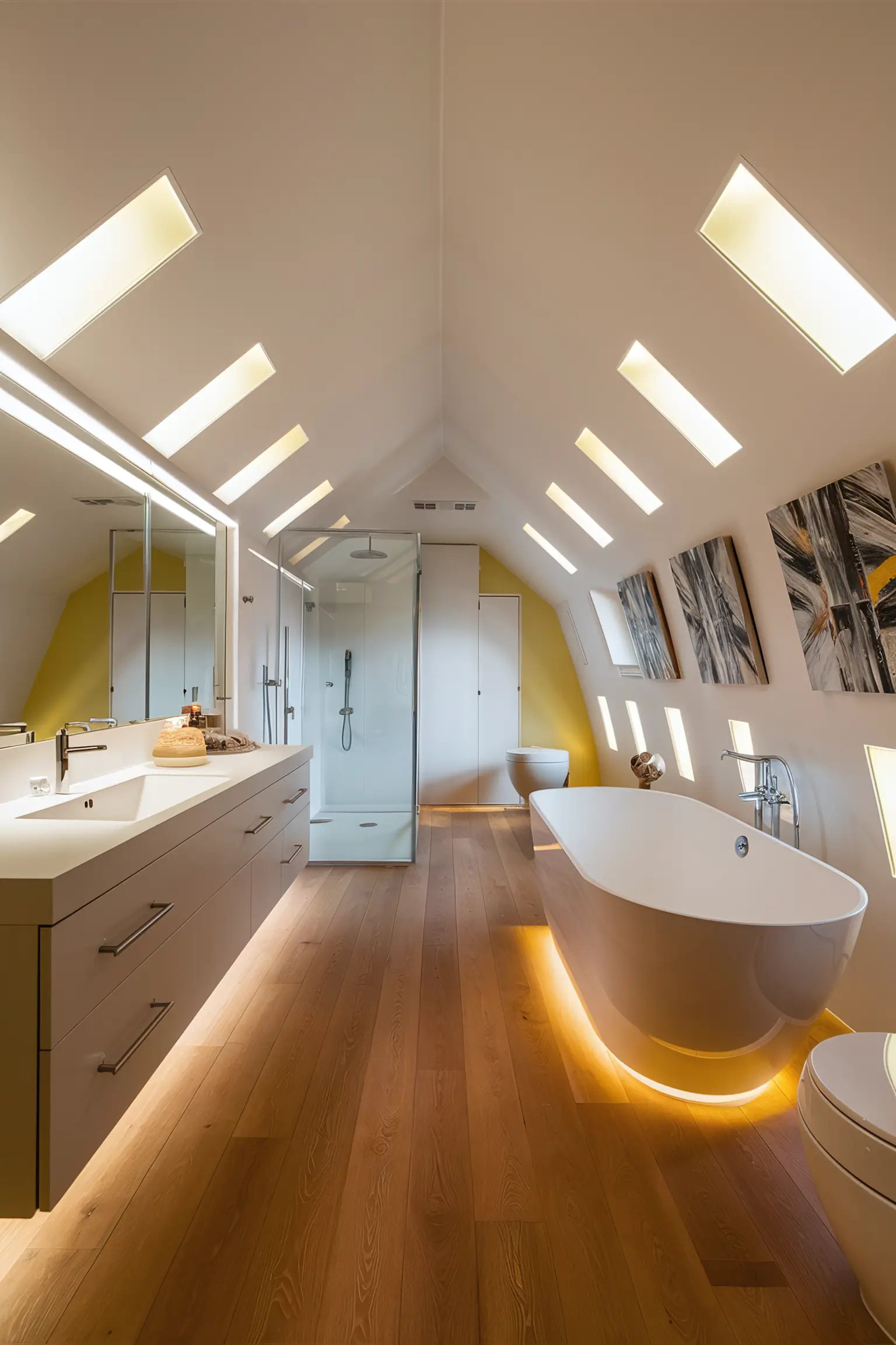Windowless bathroom with bright, reflective paint colors and strategic lighting.