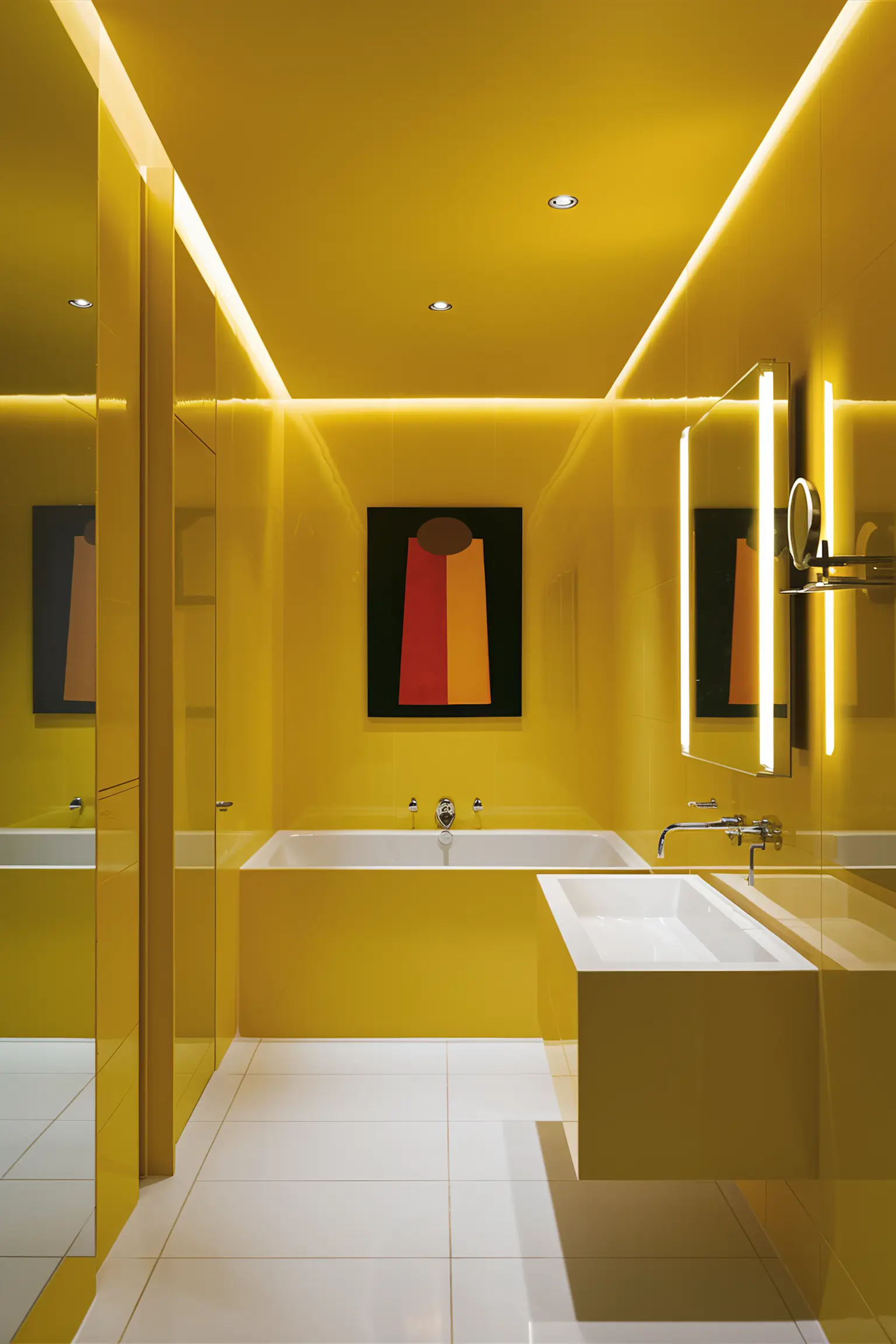 Bathroom with yellow walls and bright decor.
