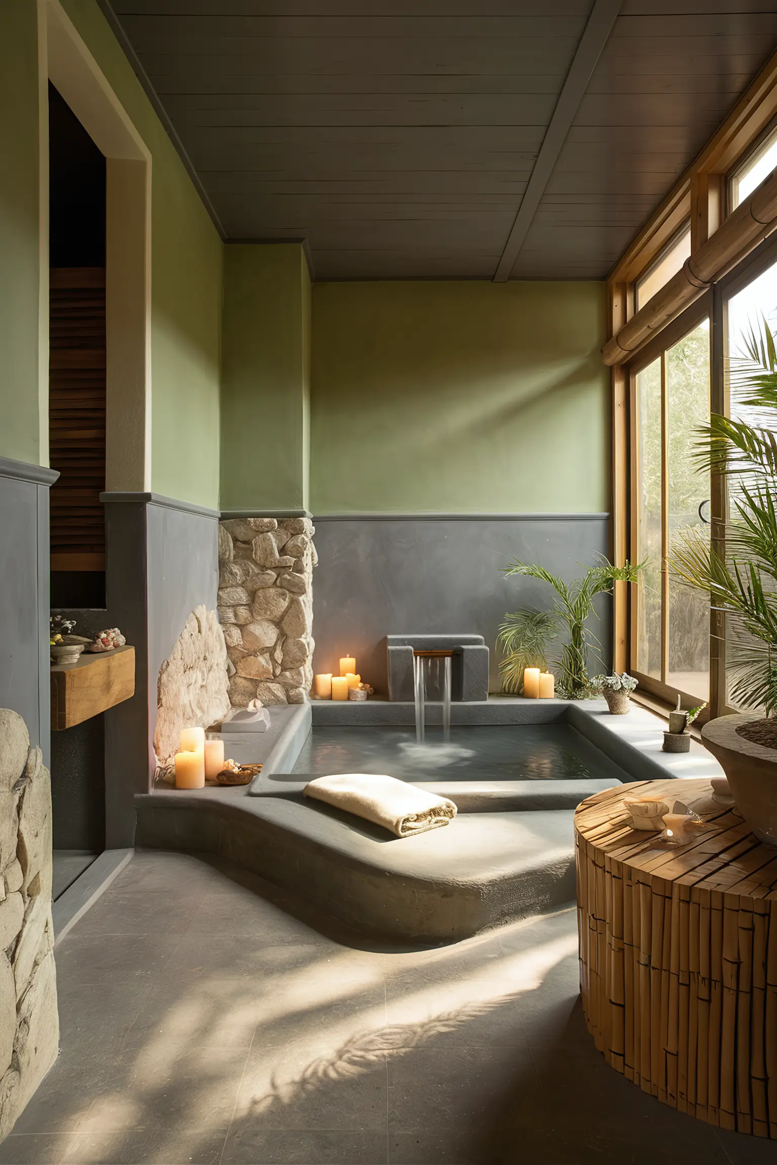 Spa-like bathroom with zen-inspired paint colors and natural materials.