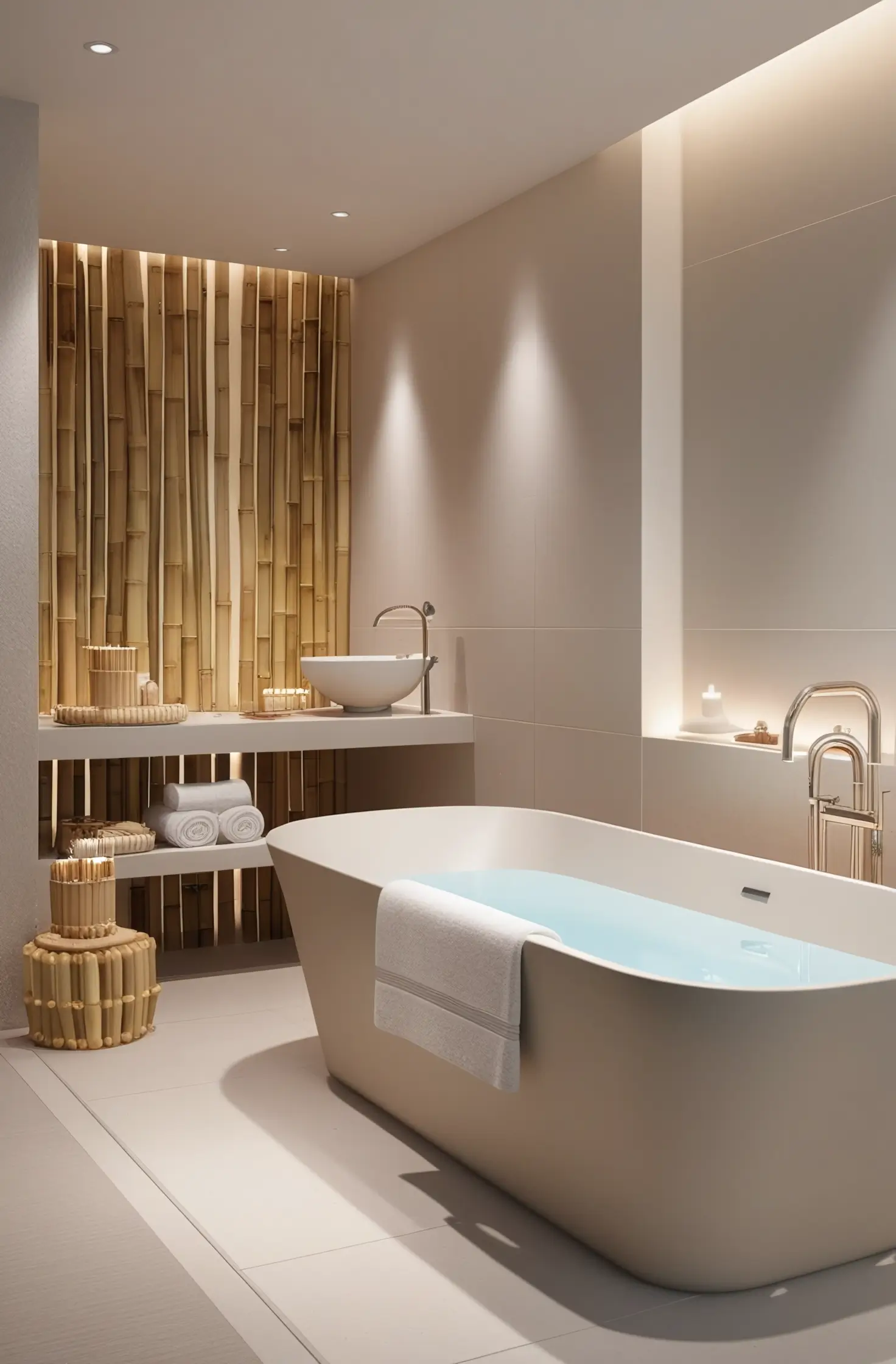 Zen bathroom with bamboo accents and soft lighting.