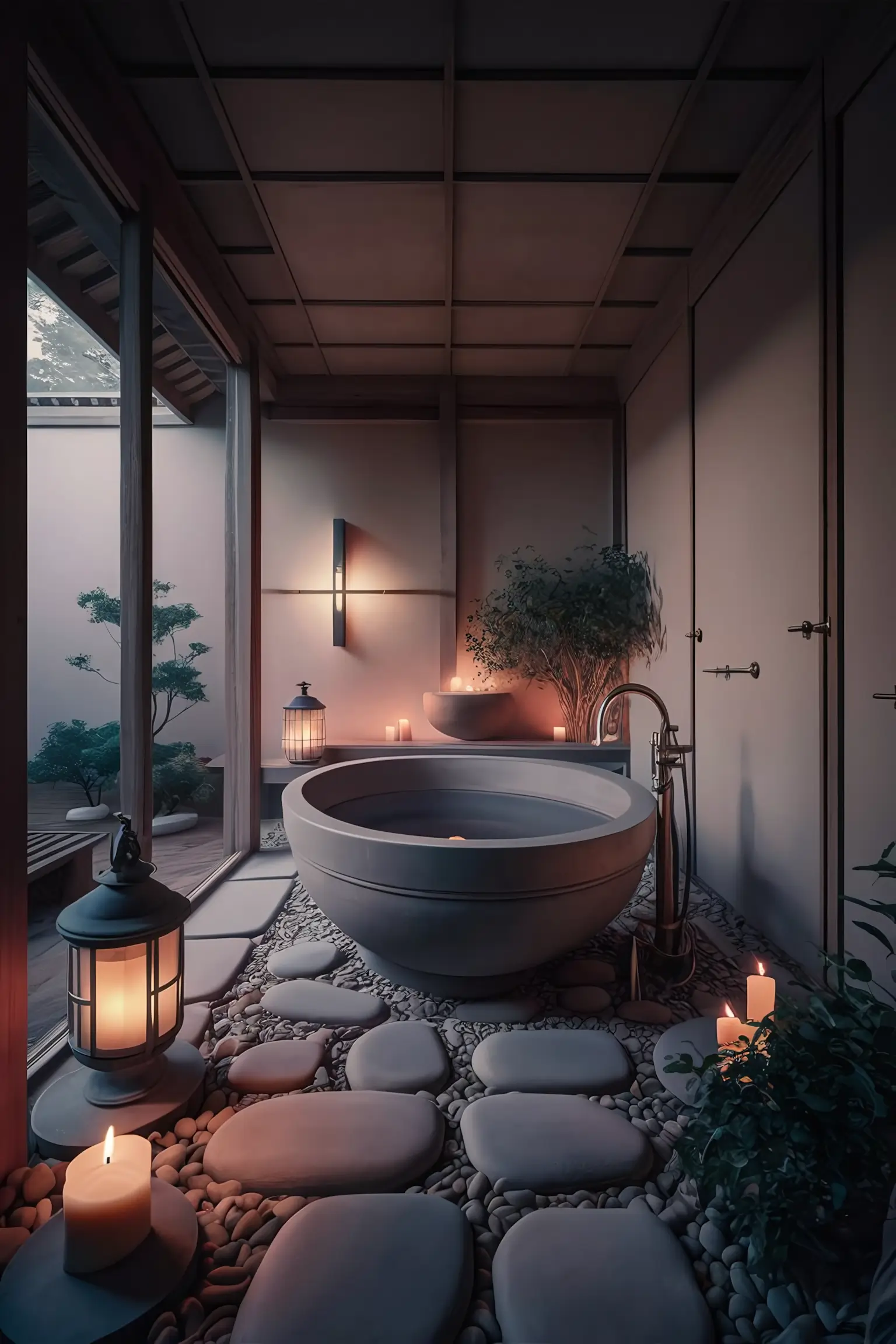 Zen-inspired bathroom with soft, warm lighting including lantern-style fixtures and candles.