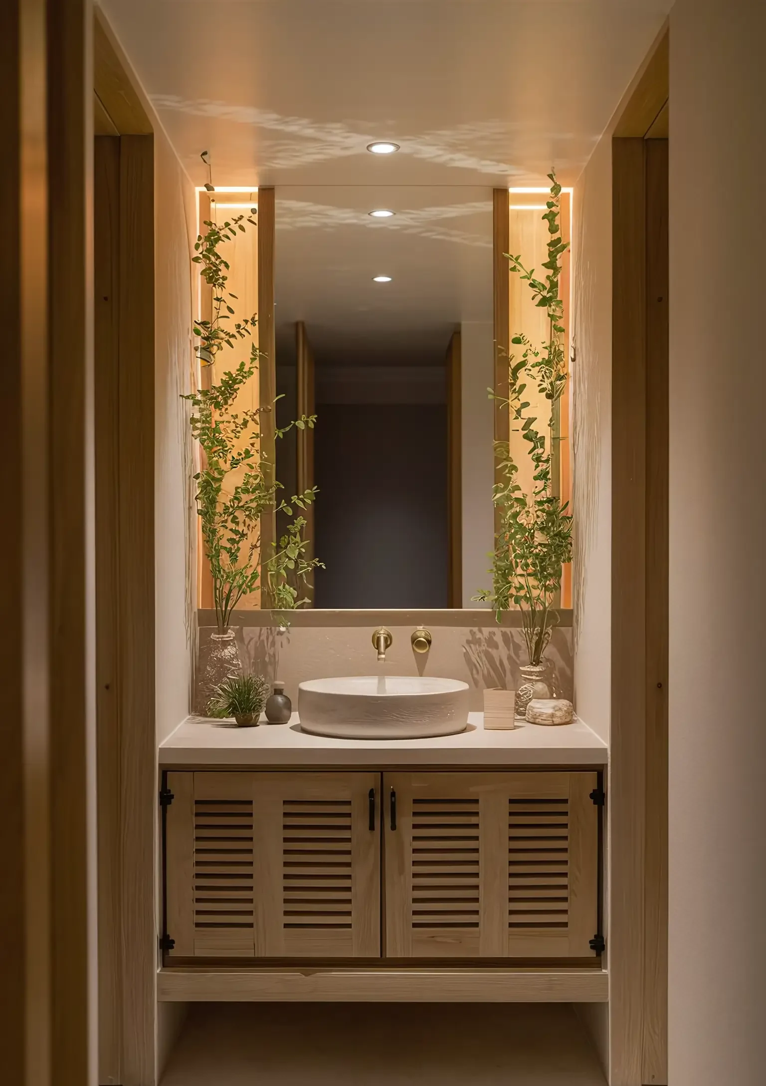 Traditional bathroom vanity with a zen-inspired design, featuring natural materials, simple lines, and greenery.