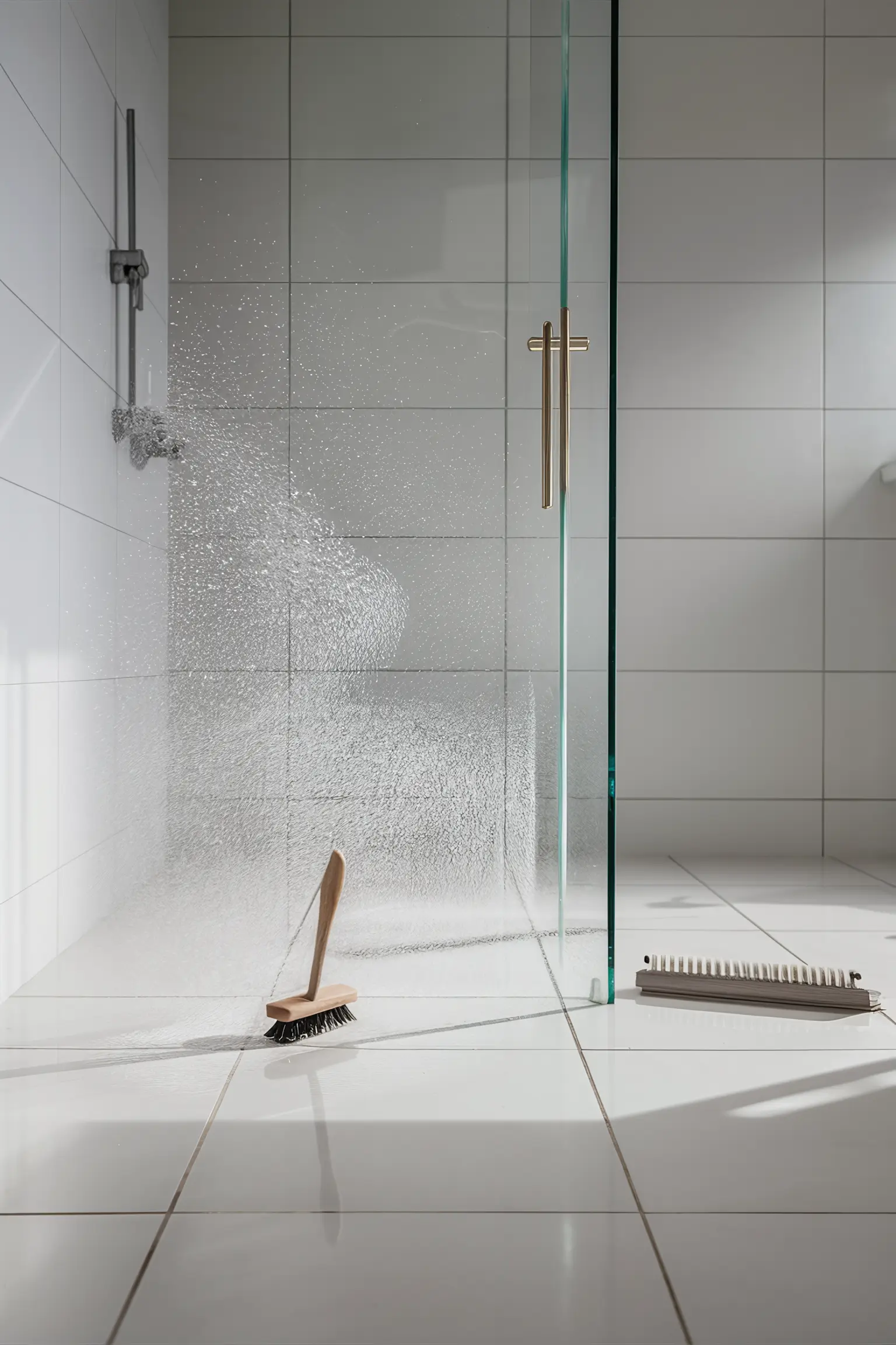 Minimalistic shower with sparkling clean tiles.