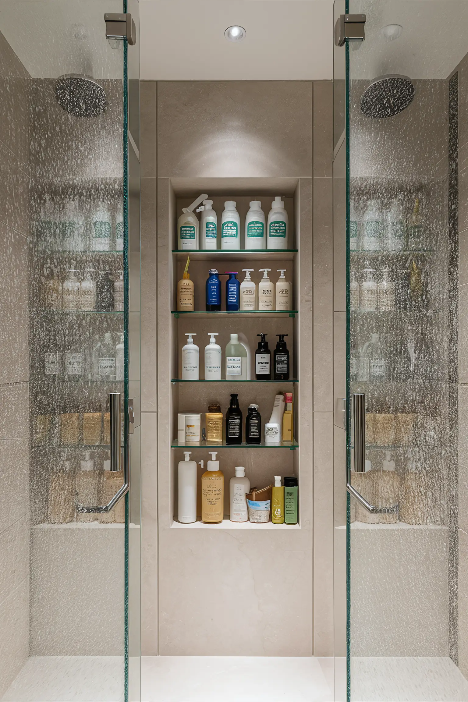 Minimalistic shower with spotless glass doors.