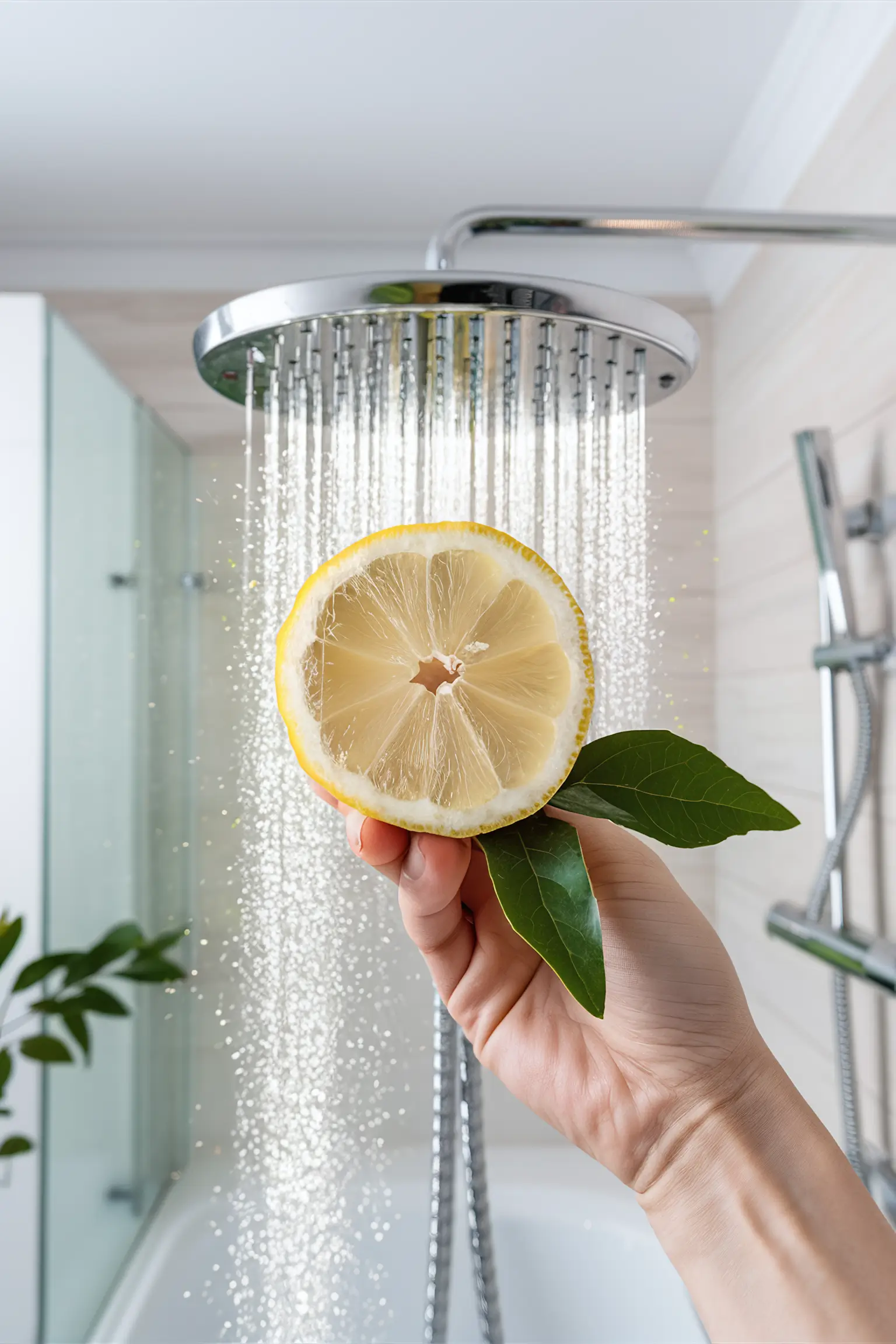 fresh lemon slice cleaning a shower head.