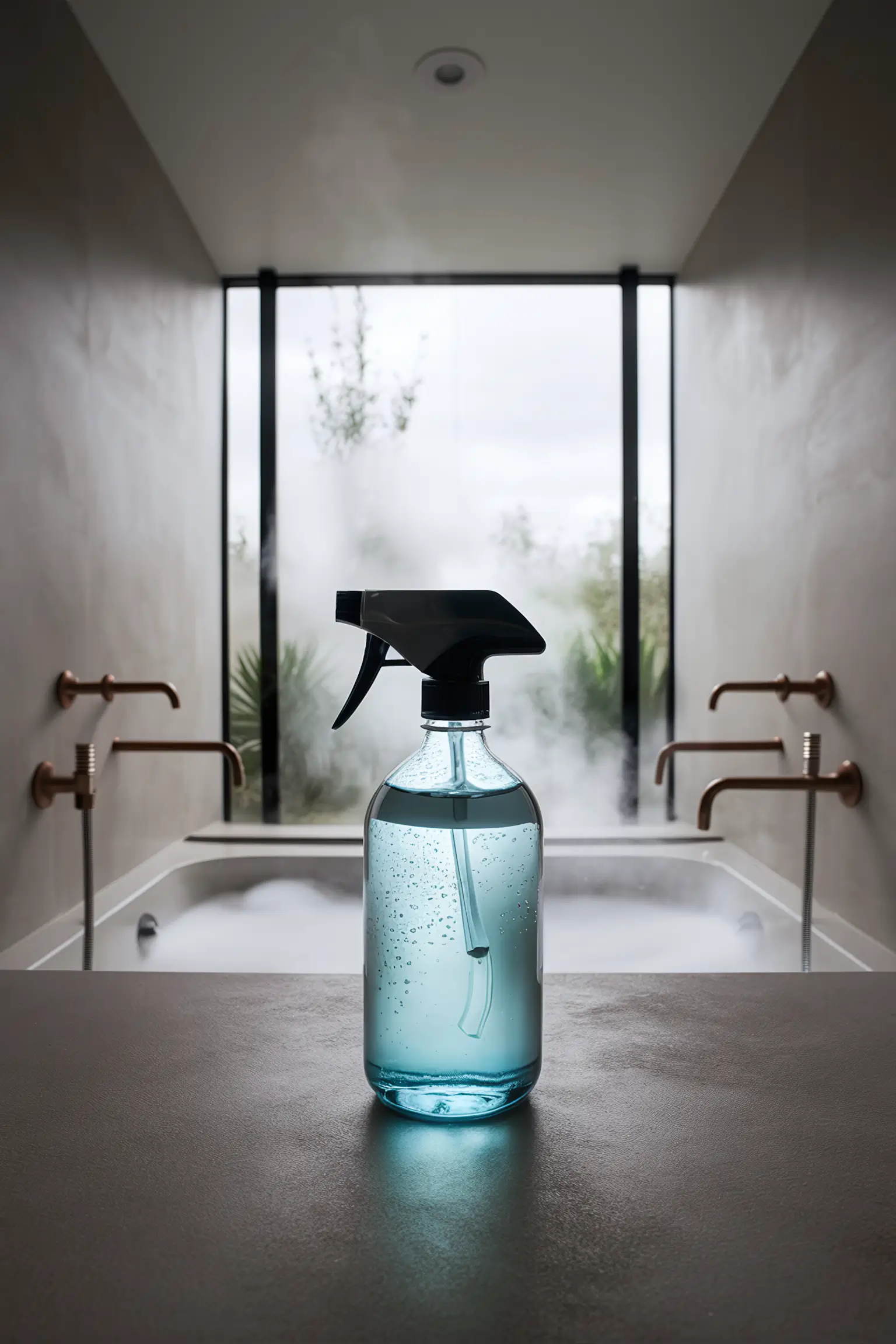 Minimalistic bathroom with a spray bottle of shower cleaner.