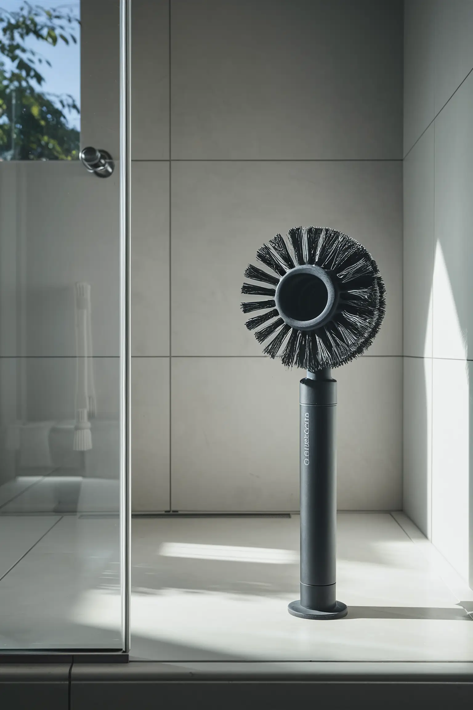 Minimalistic shower with a cleaning brush.