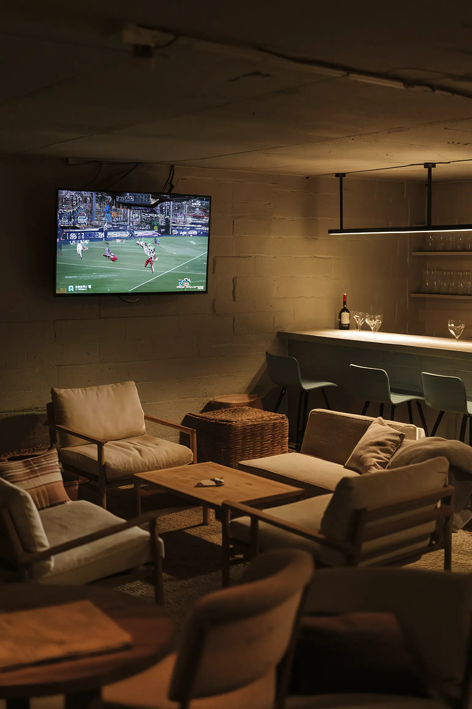 Basement bar with a TV and comfortable seating.
