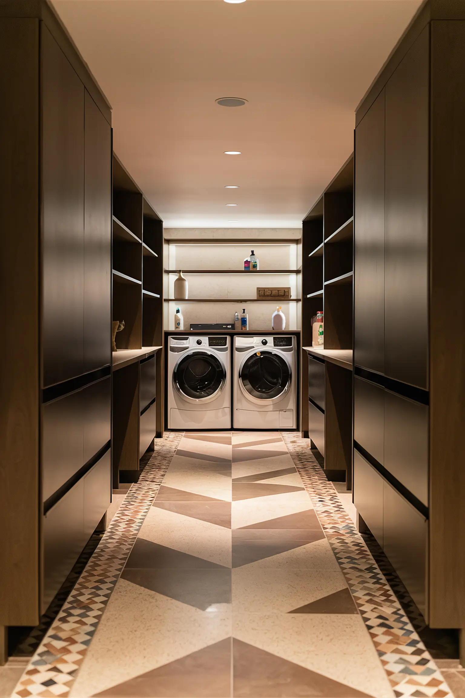 Basement laundry room with durable and stylish flooring options.