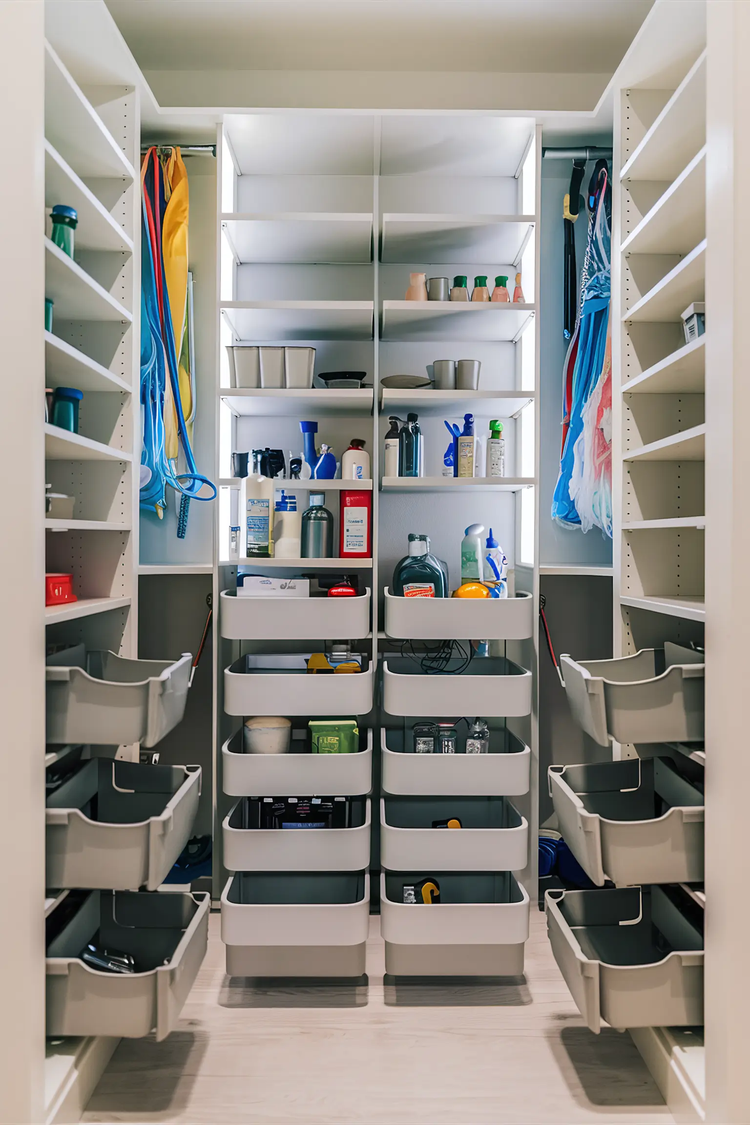Cleaning closet with adjustable shelves and pull-out bins.