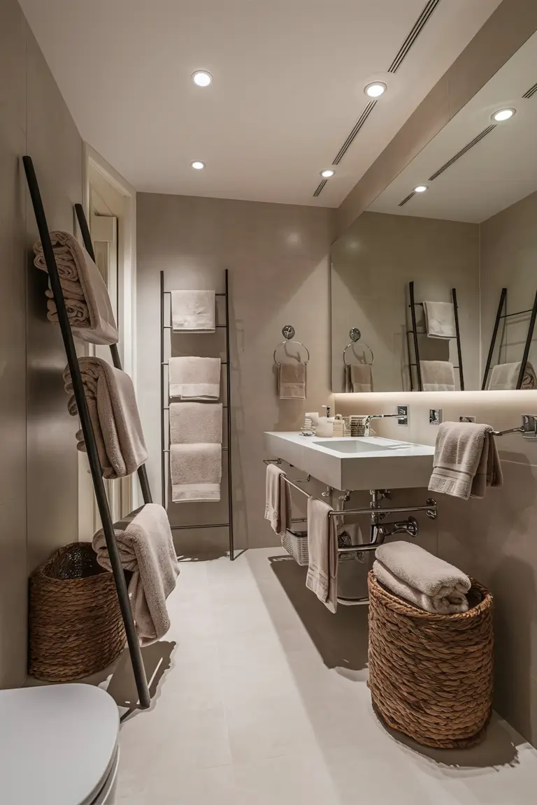 Bathroom with towel ladders, baskets, wall hooks, and under-sink racks for towel storage.