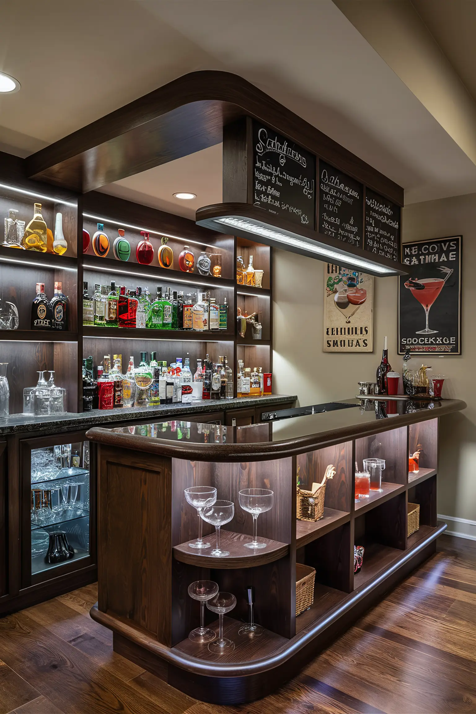 Basement bar with clever storage solutions and organized shelving.