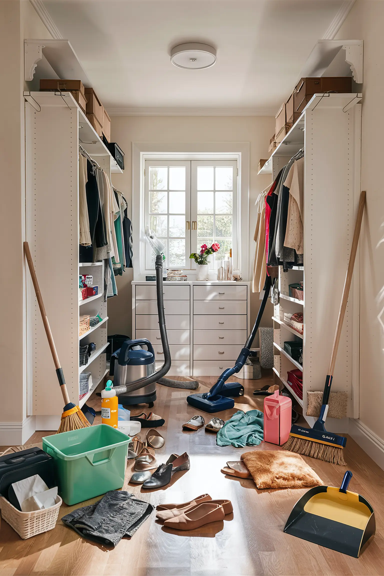 Cleaning closet undergoing a deep clean with items removed and reorganized.
