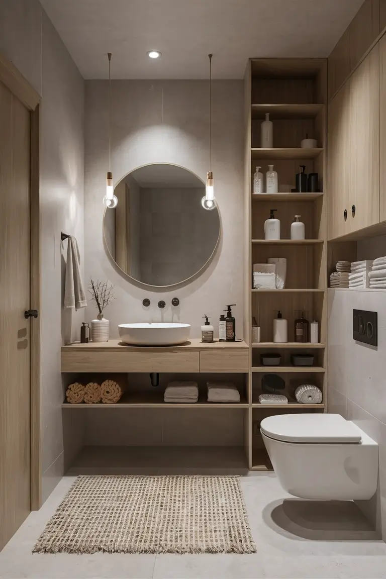 Bathroom with DIY shelving units, custom drawer organizers, and repurposed containers.