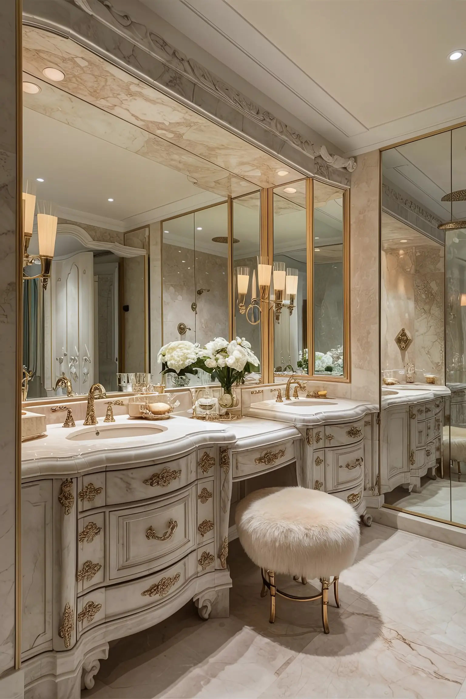 Elegant master bathroom with a luxurious vanity and sophisticated lighting.