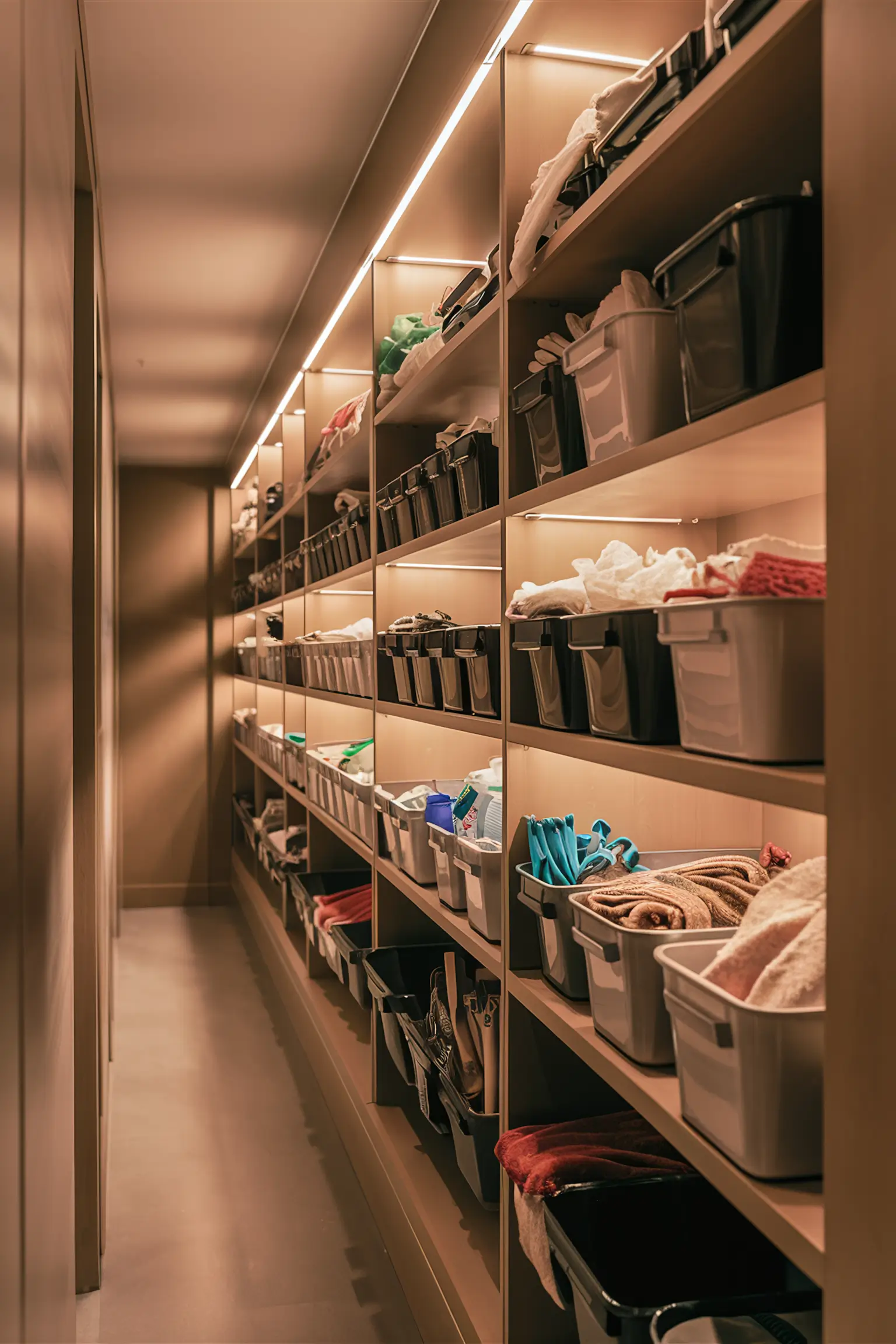 Narrow hallway cleaning closet with slim shelves and compact bins.