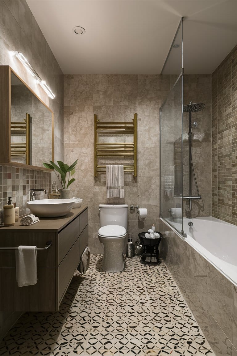 Bathroom with magnetic strips, hidden drawers, and multi-purpose furniture for storage.