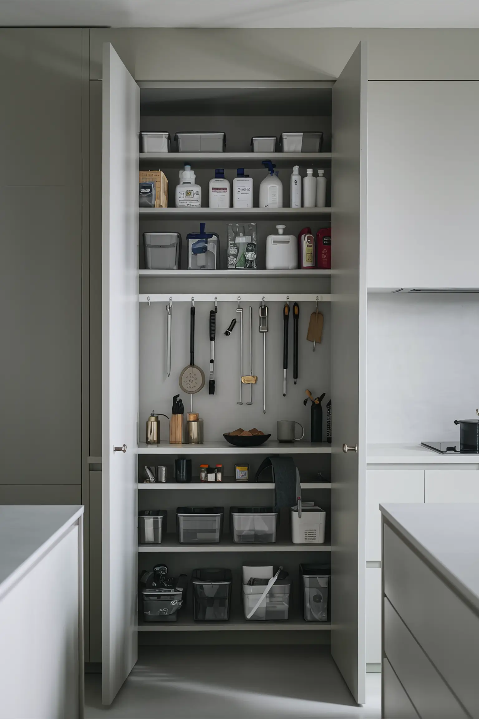 Kitchen cleaning closet with organized shelves and hooks for tools.