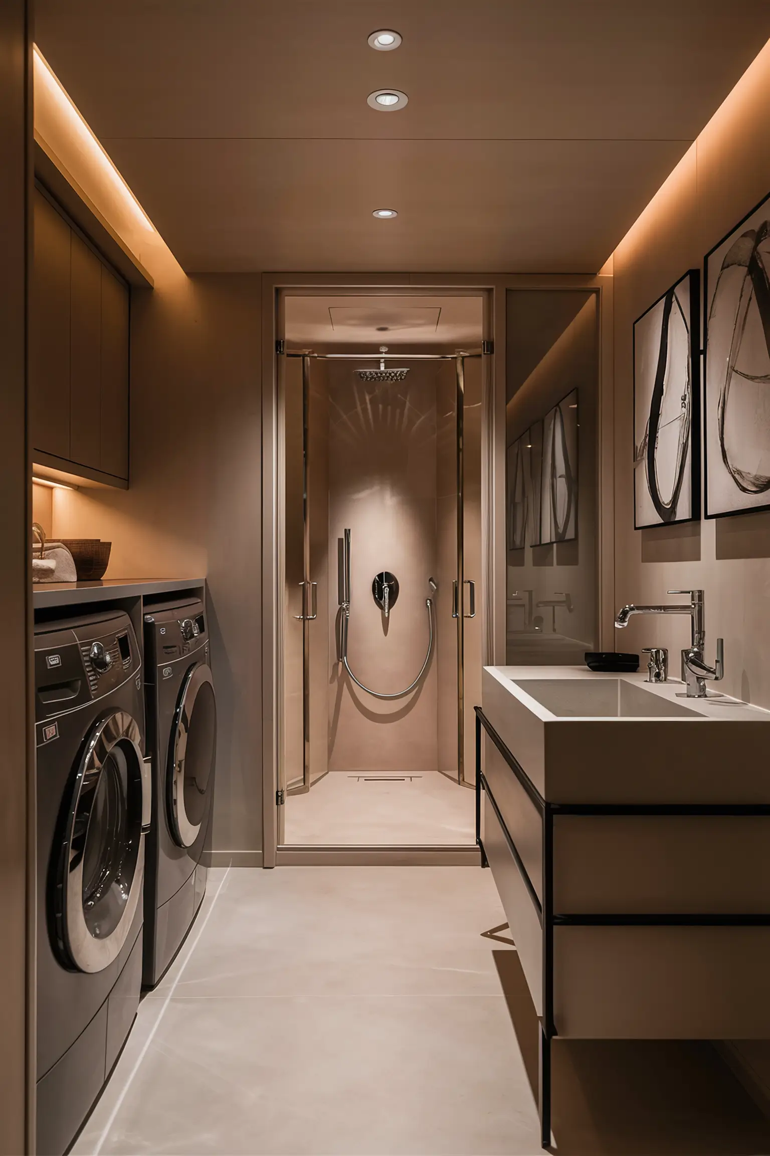 Functional basement combining a laundry room and bathroom with modern fixtures.