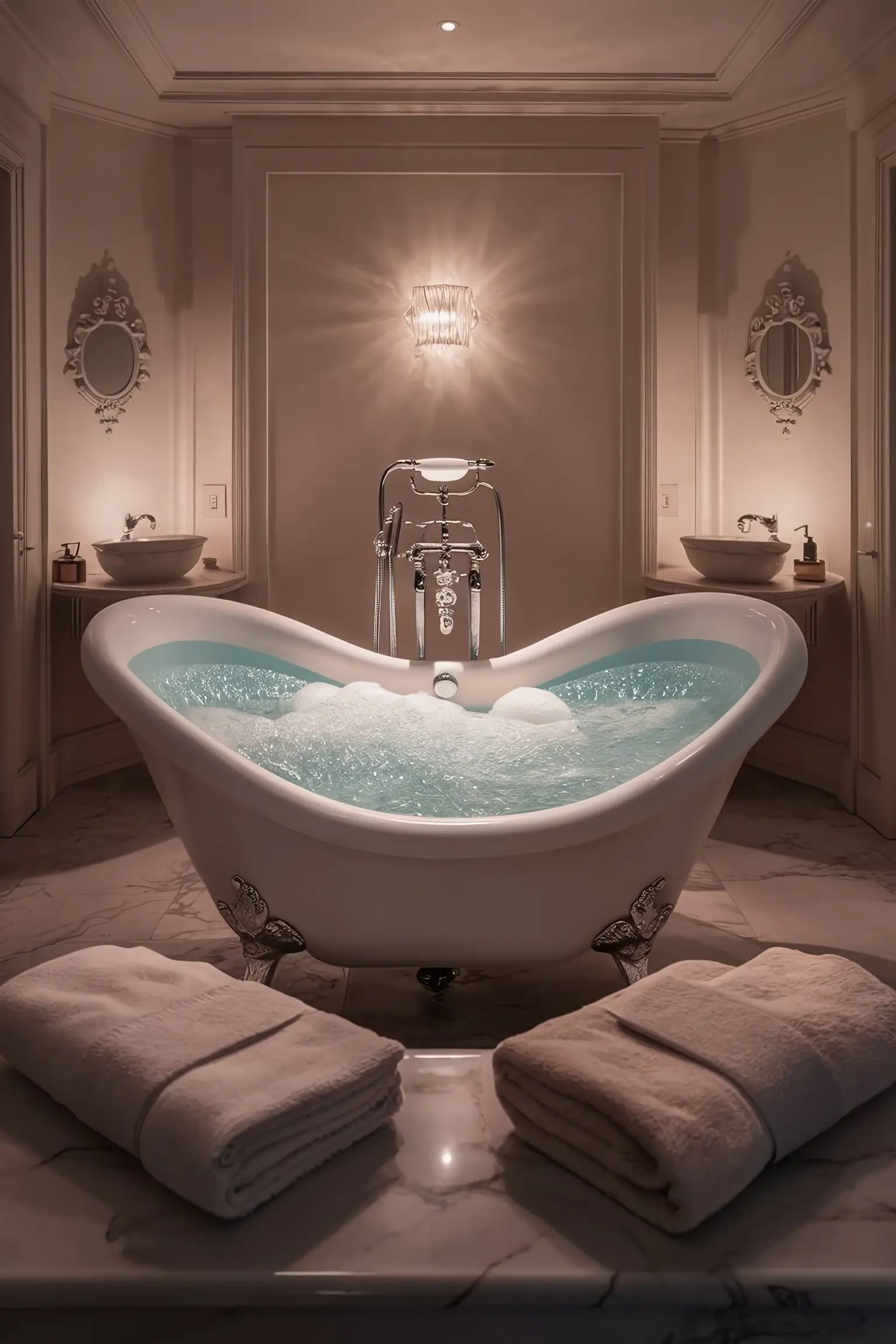 Luxurious bathroom with a standalone tub, soft lighting, and elegant decor.