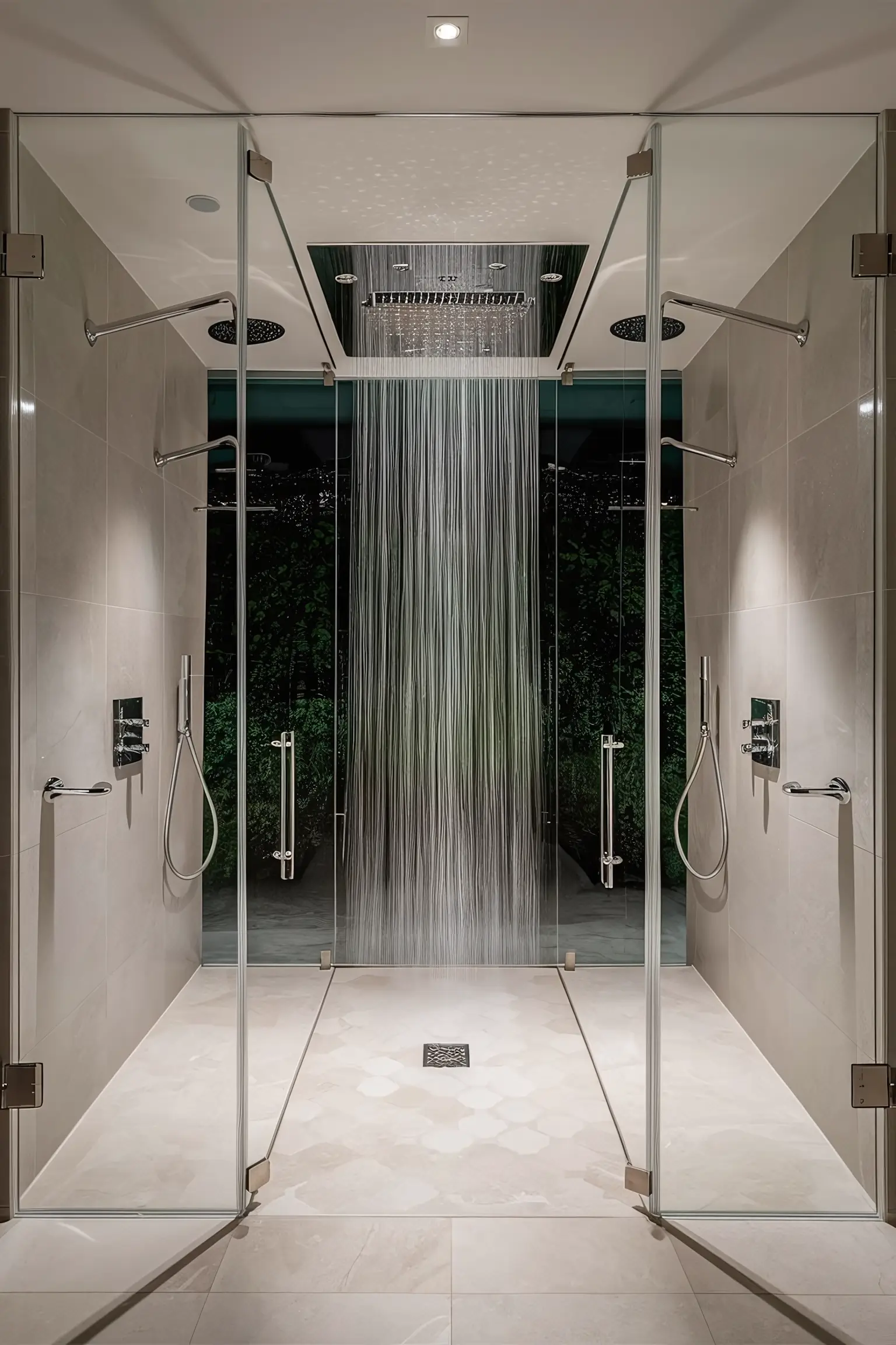 Bathroom remodel with a luxurious shower featuring a rain showerhead and glass enclosure.