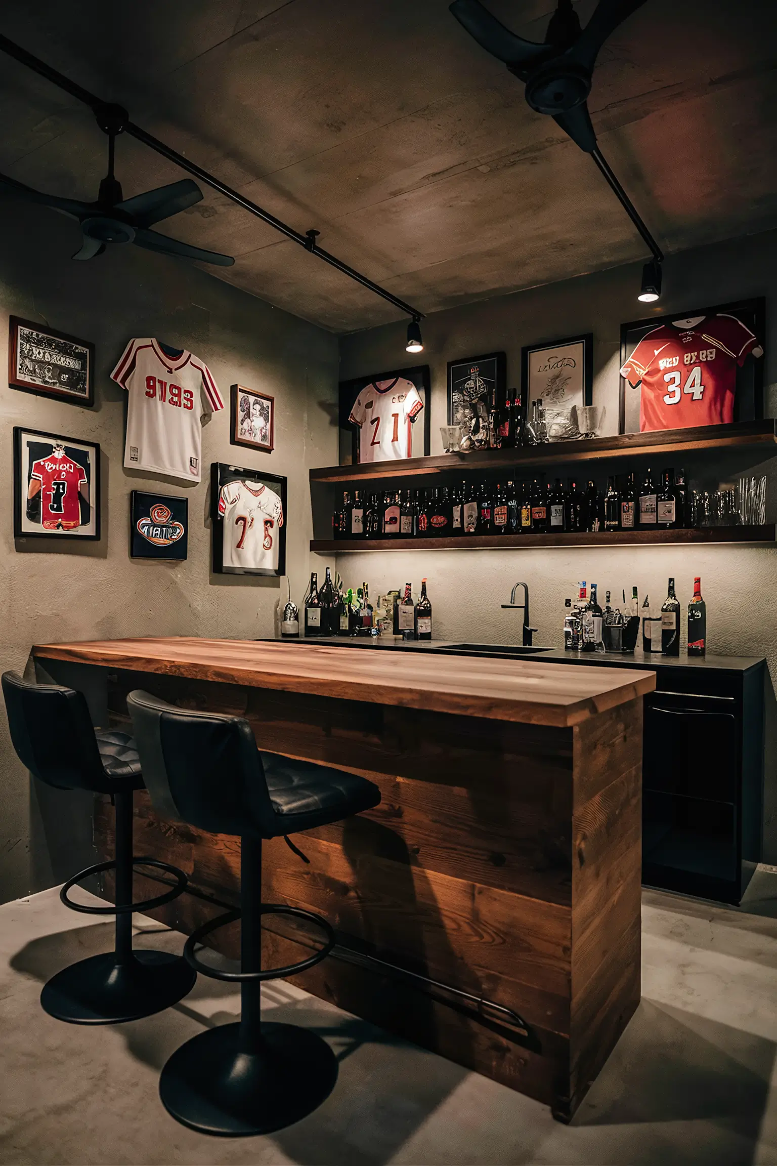 Man cave basement bar with sports memorabilia and leather bar stools.