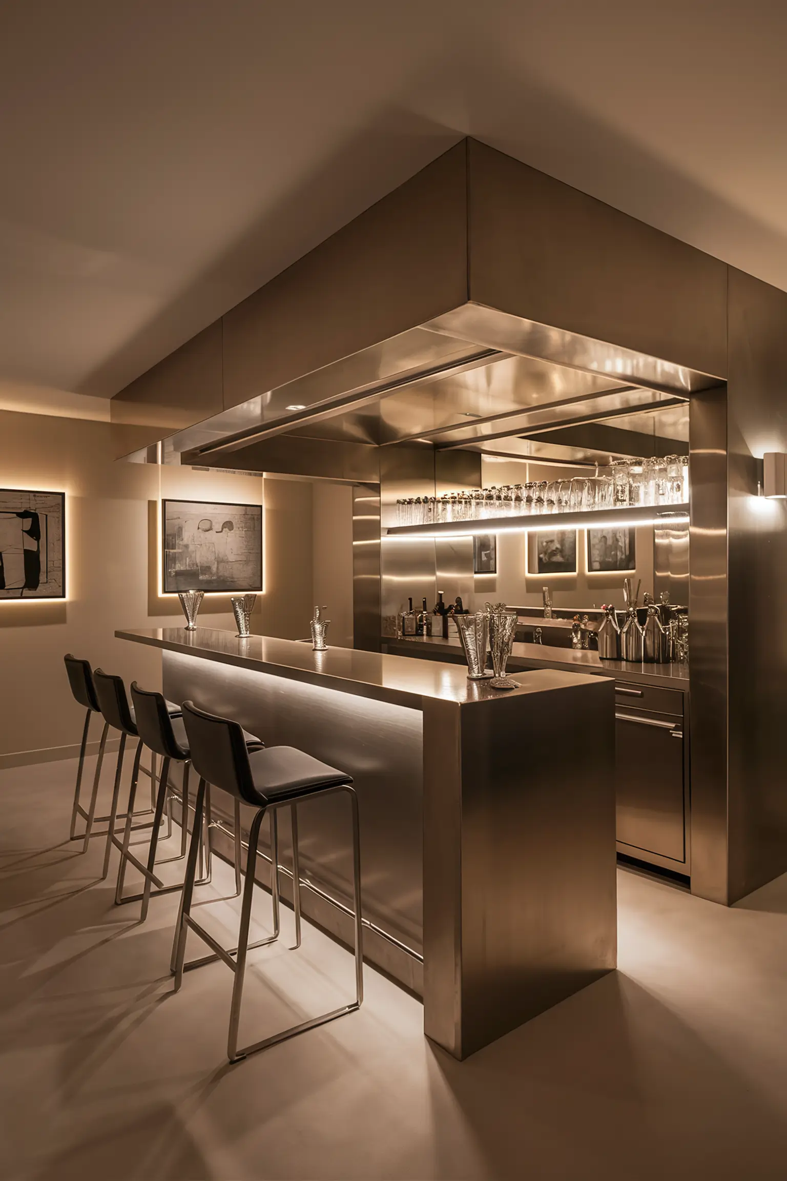 Modern basement bar with sleek lines and stainless steel accents.