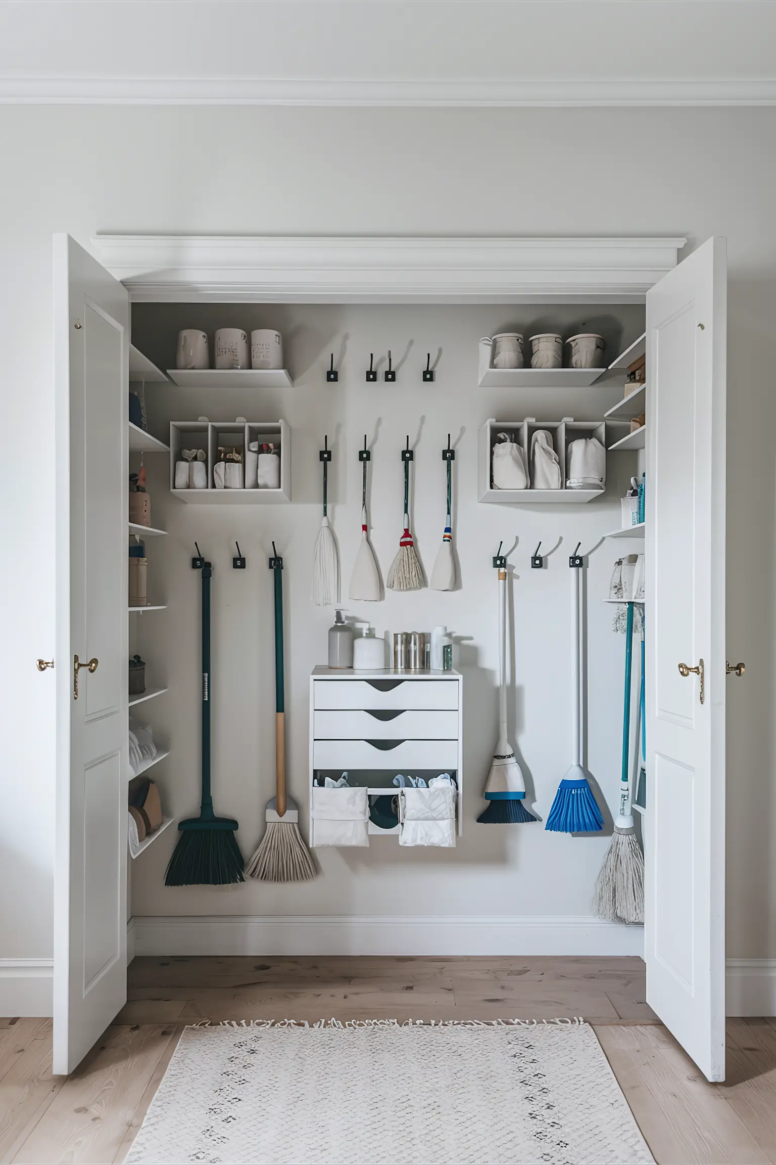 Cleaning closet organized with hooks and hanging organizers.