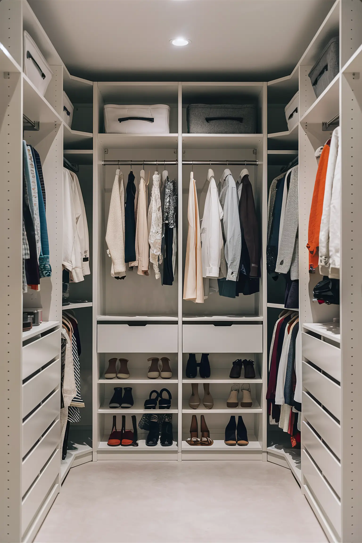 Cleaning closet with sections for clothing storage.