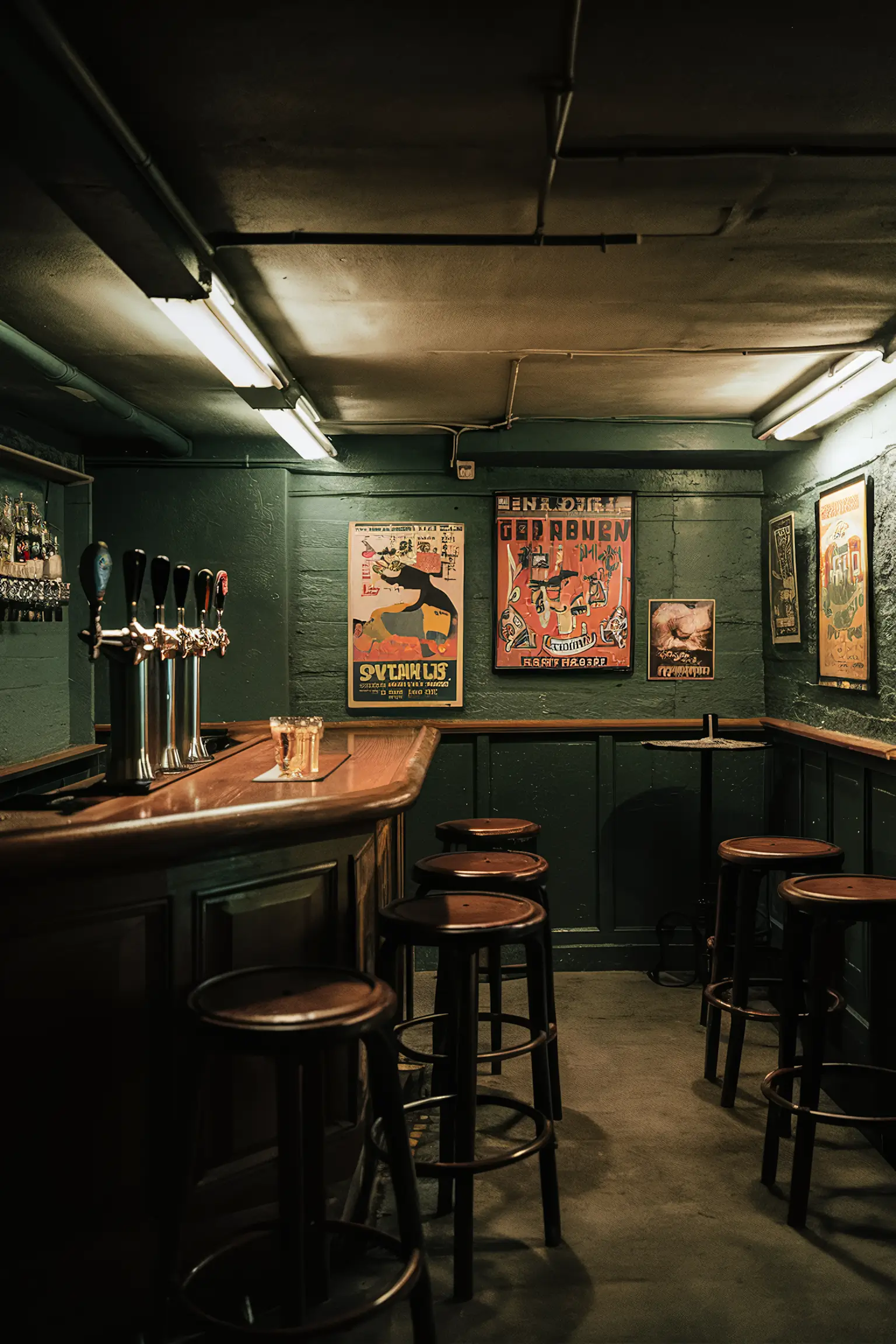 Pub-style basement bar with wooden bar counter and beer taps.