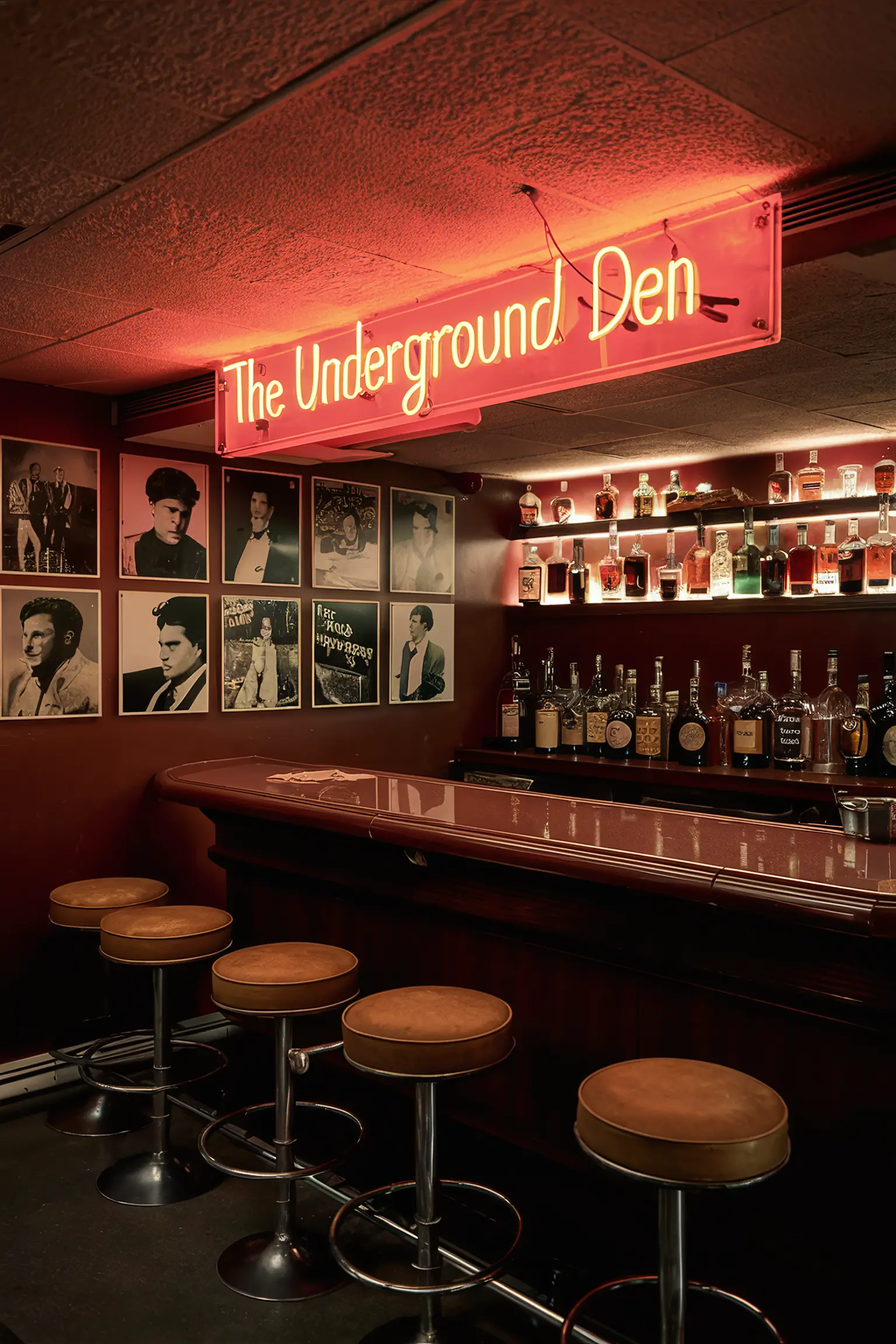 Retro basement bar with neon signs and vintage bar stools.