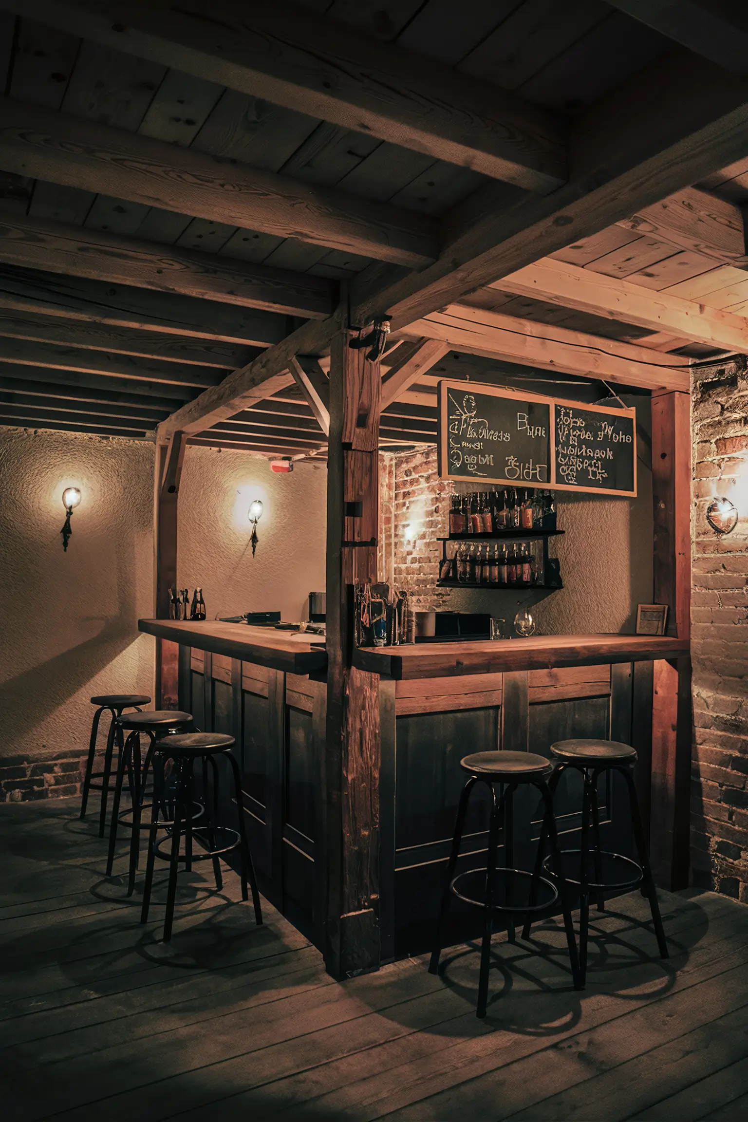 Rustic basement bar with wooden beams and exposed brick walls.