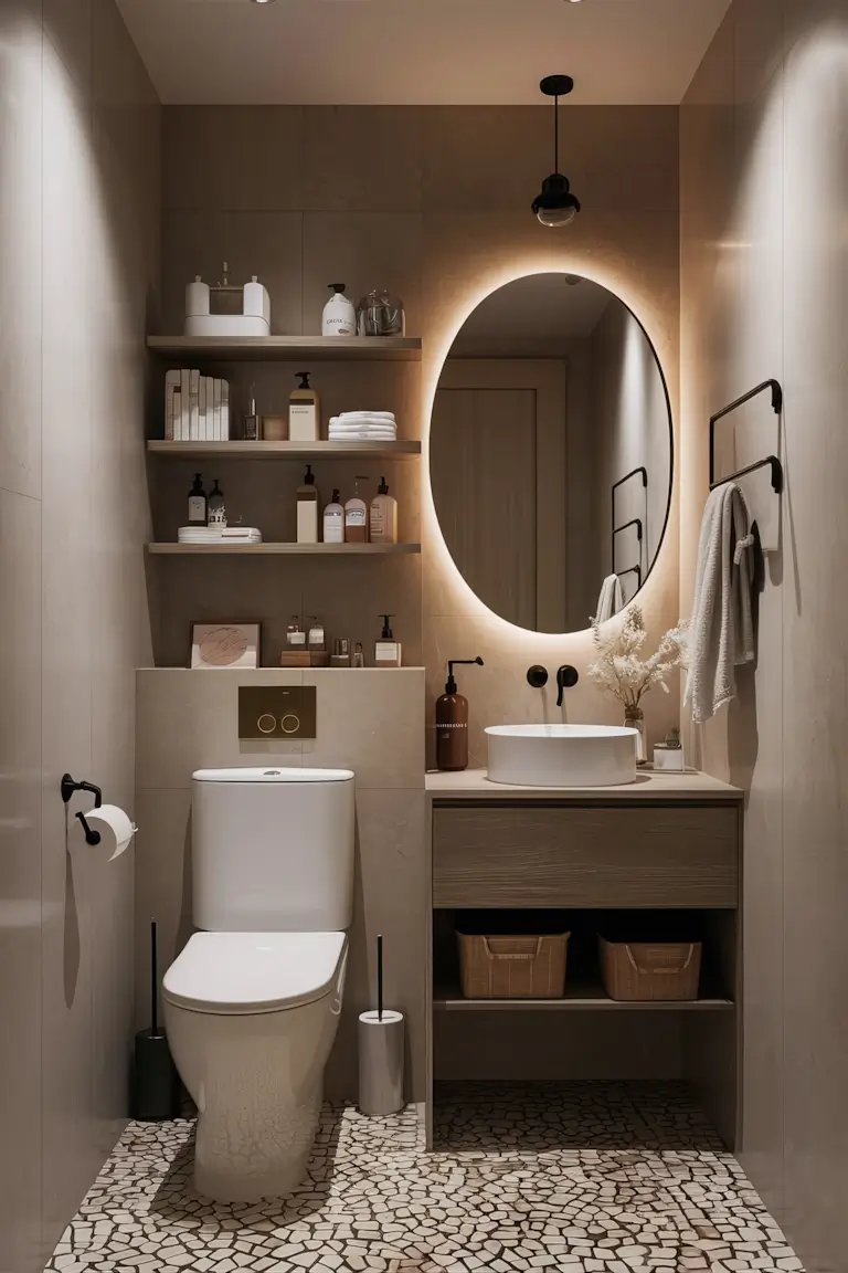 Small bathroom with over-the-toilet shelving, under-sink organizers, and wall-mounted racks.