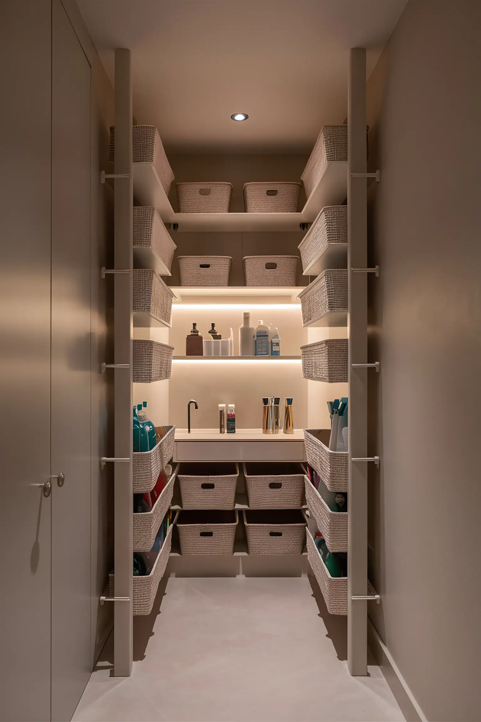 Small cleaning closet with vertical storage and hanging baskets.