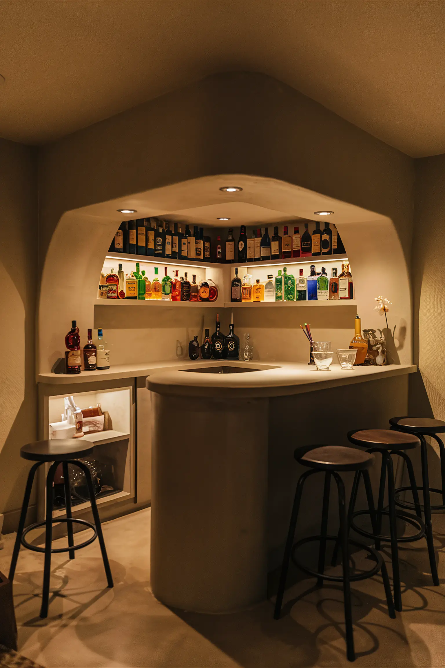 Small corner basement bar with built-in shelves and stylish decor.