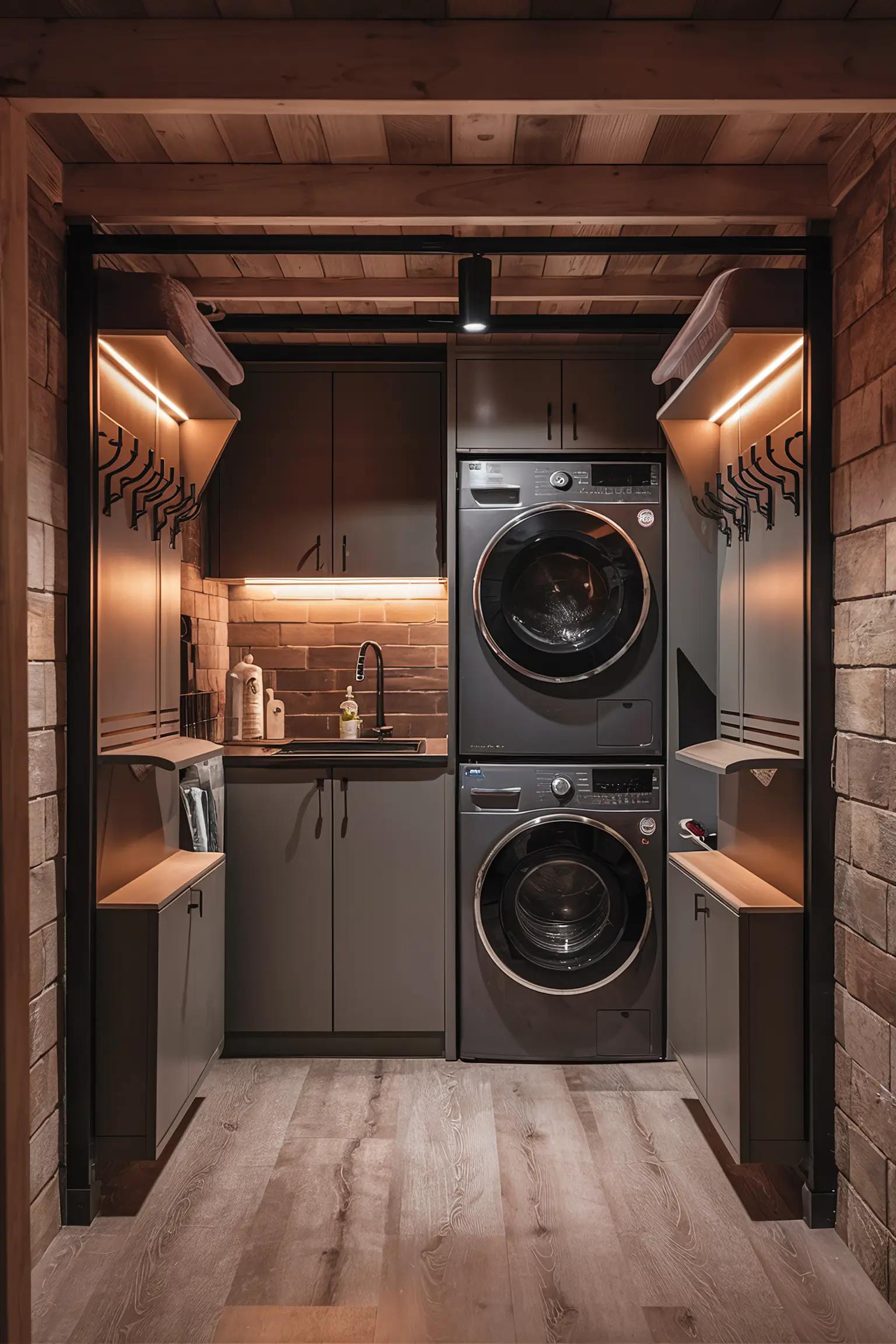 Compact basement laundry room with space-saving appliances and smart storage solutions.